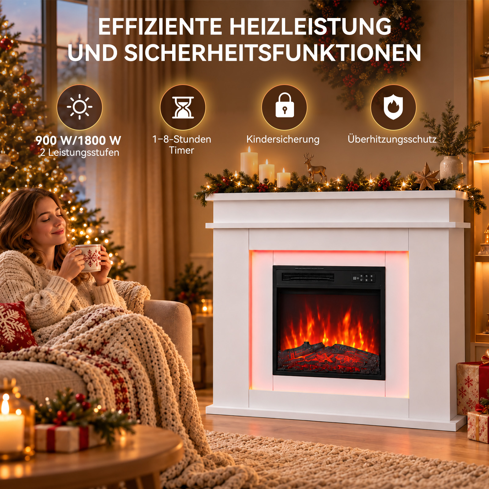 Gemütlicher Wohnraum mit weißem Kamin, Frau auf Sofa und Infografiken zu Heizleistung und Sicherheitsfunktionen.
