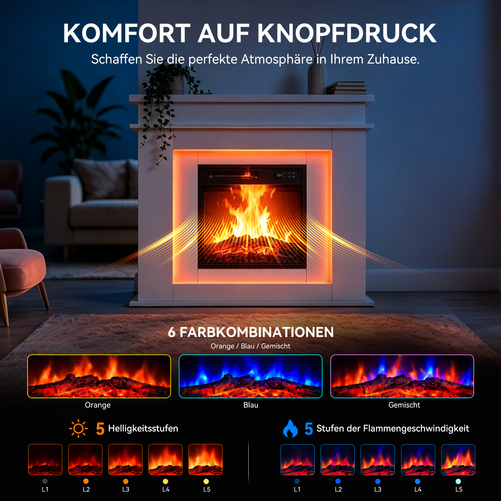 Moderner elektrischer Kamin in einem gemütlichen Wohnzimmer mit sechs Farbkombinationen und anpassbaren Einstellungen.