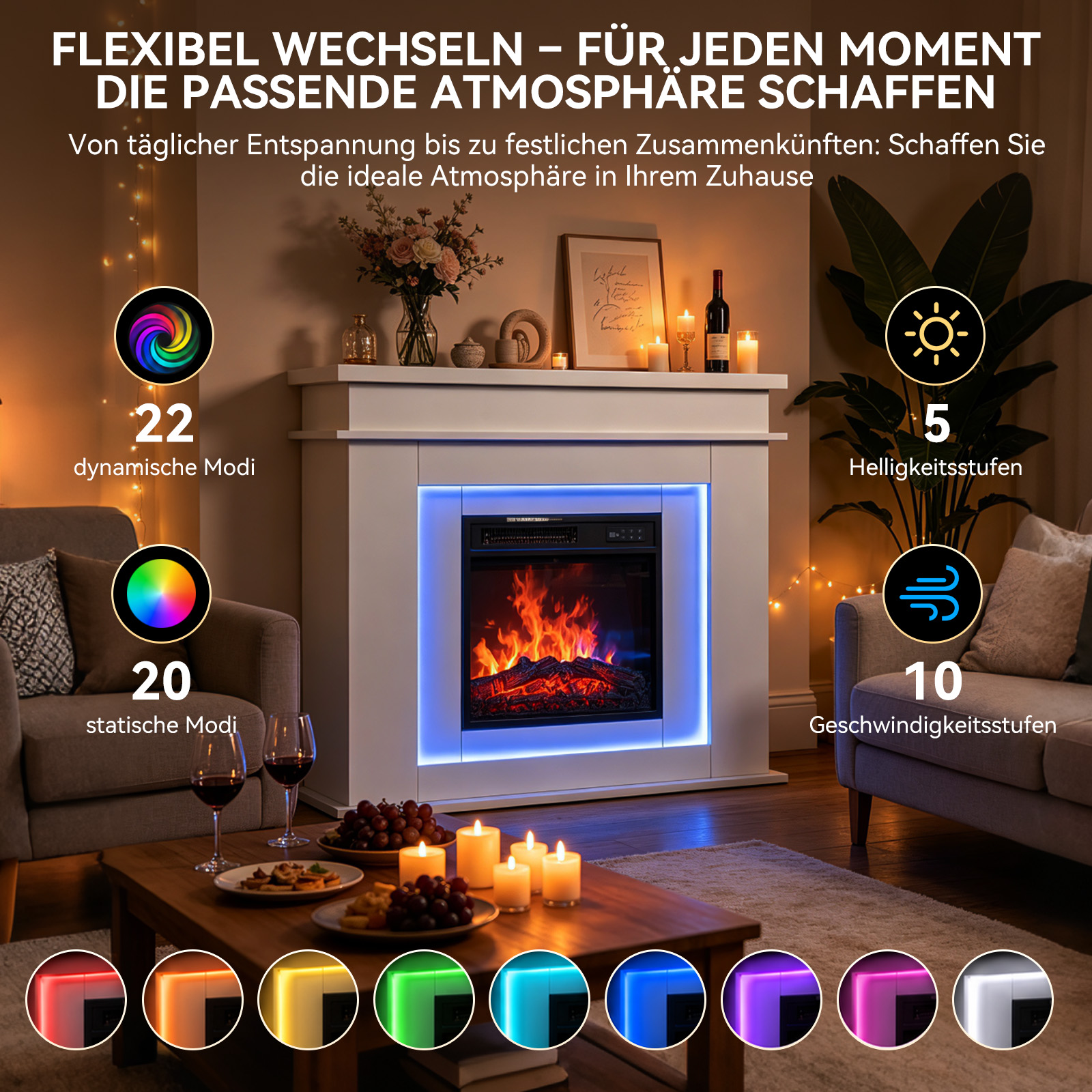 Ein weißer Elektrokamin mit LED-Beleuchtung im gemütlichen Wohnzimmer mit Teelichtern und Weinflaschen.