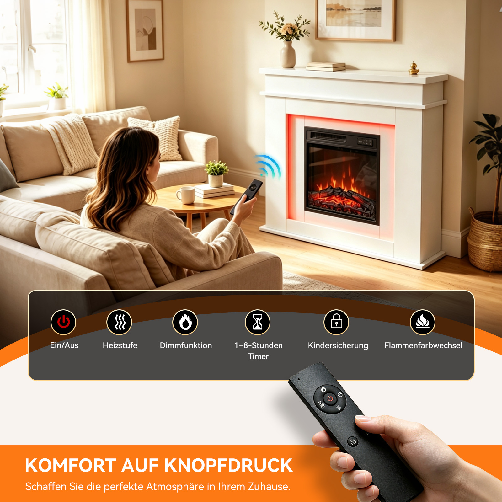 Eine Frau nutzt eine Fernbedienung, um einen elektrischen Kamin zu steuern, mit Symbolen für Einstellungen.