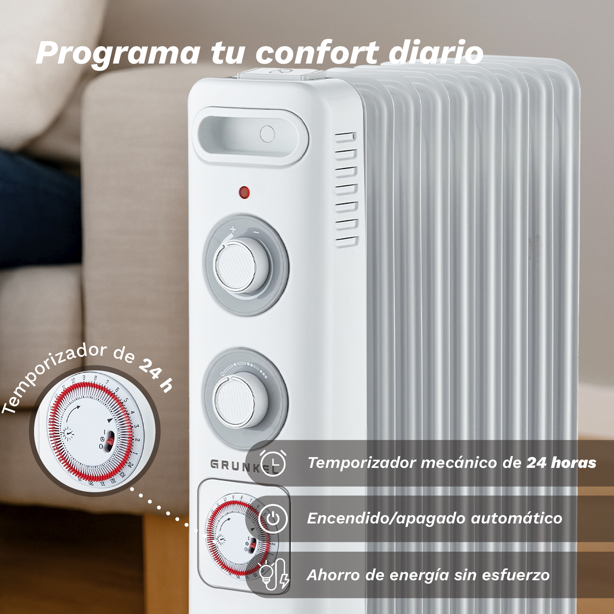 Un radiador de aceite blanco con diales de control y temporizador mecánico de 24 horas en un entorno interior.