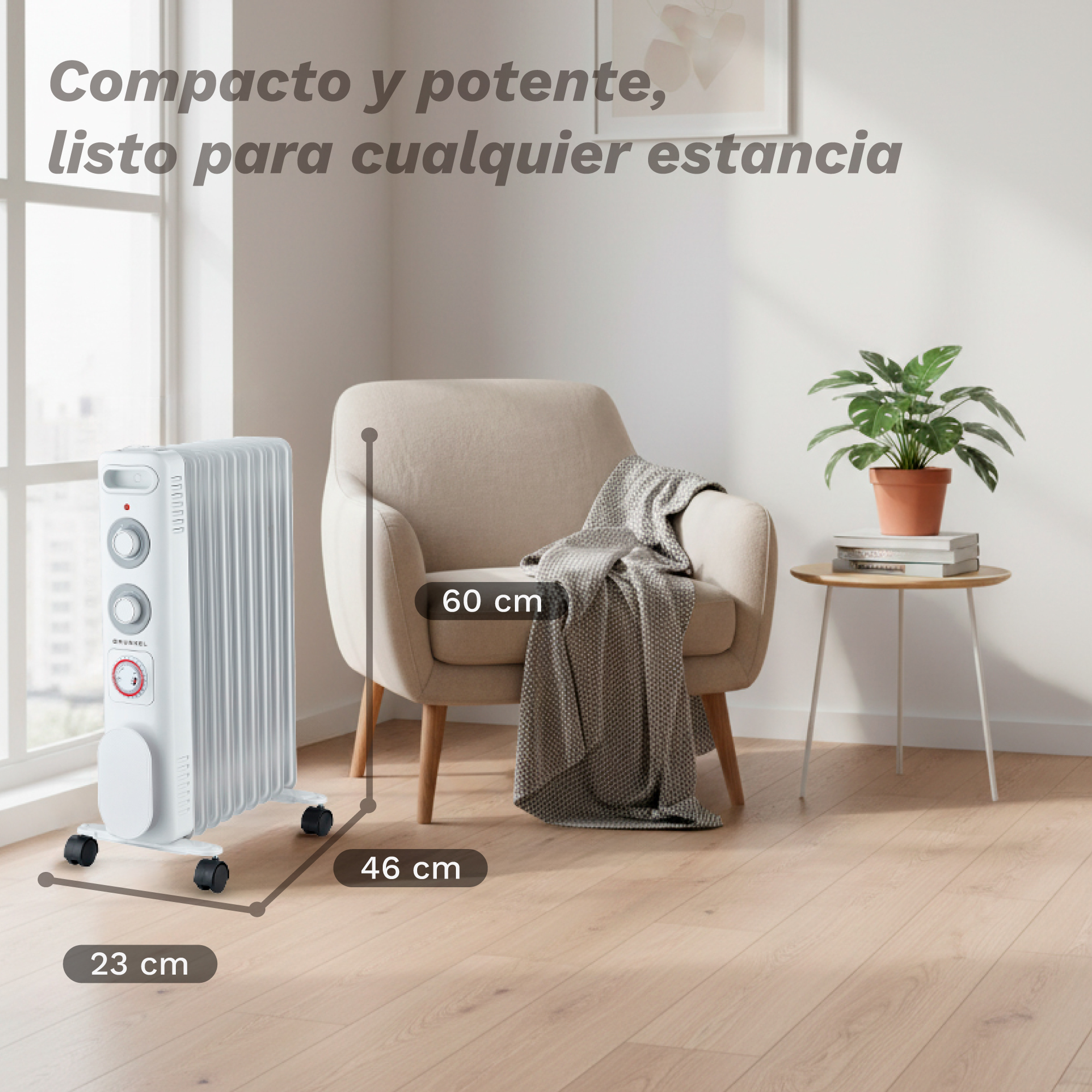 Un radiador de aceite blanco en una sala, con dimensiones mostradas, junto a un sillón.