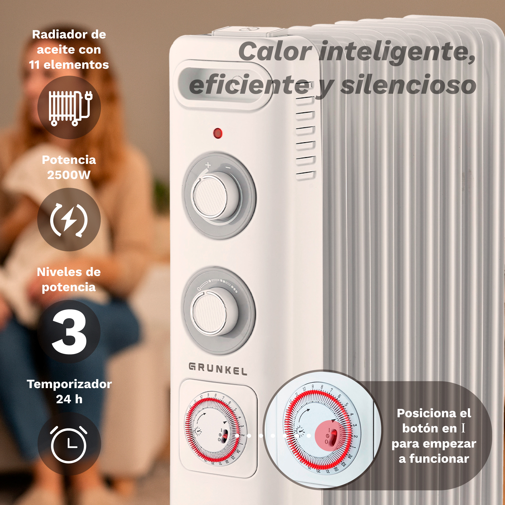 Radiador de aceite blanco con perillas de control y temporizador.