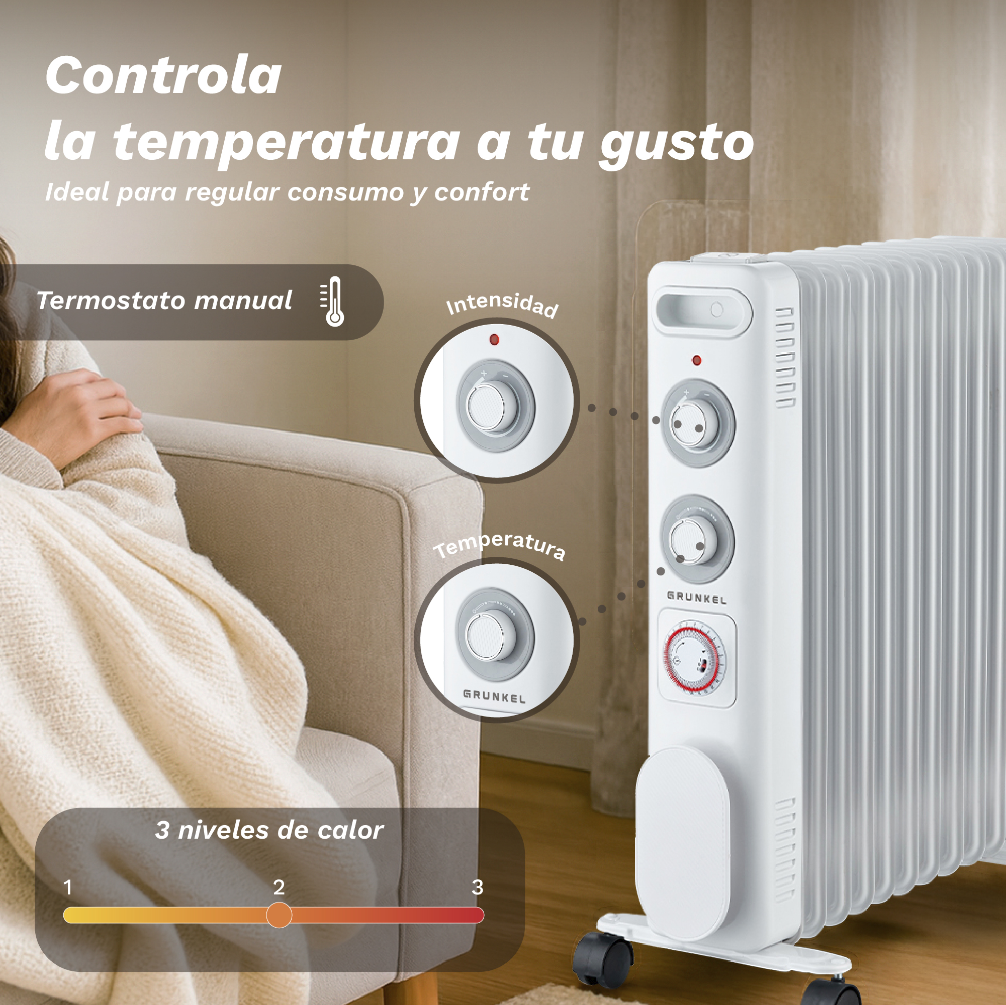 Un radiador de aceite blanco con termostato manual y tres niveles de calor junto a un sillón.