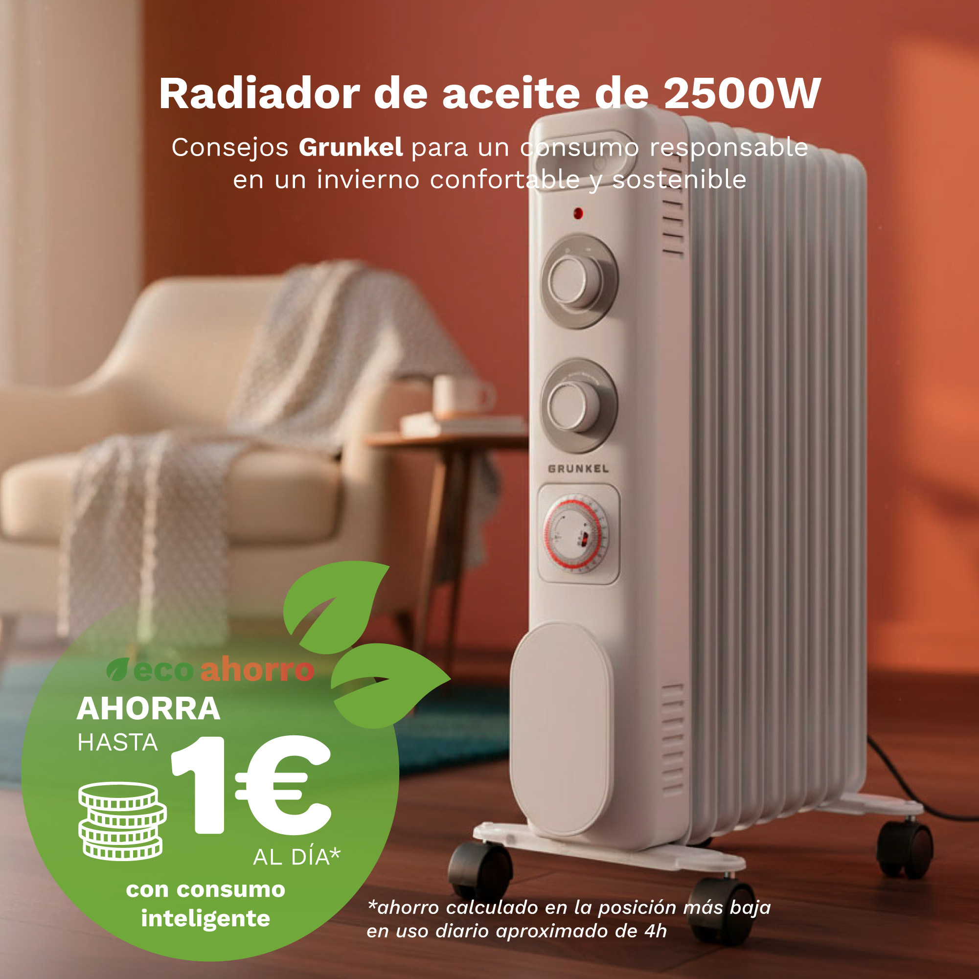 Un radiador de aceite blanco de 2500W en una sala acogedora con texto sobre ahorro de energía.