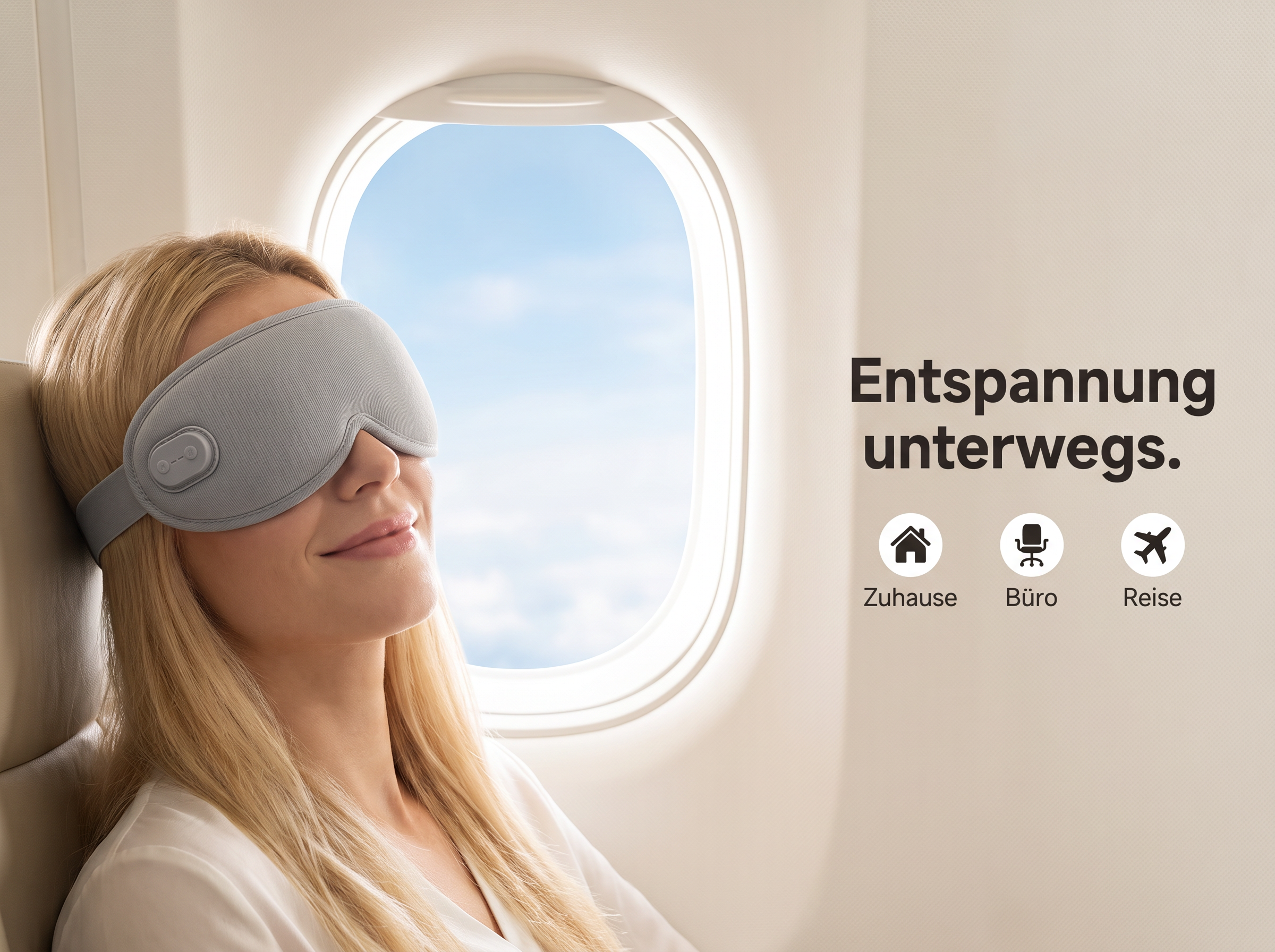 Blonde Frau trägt graue Schlafmaske an einem Flugzeugfenster mit Text und Symbolen.