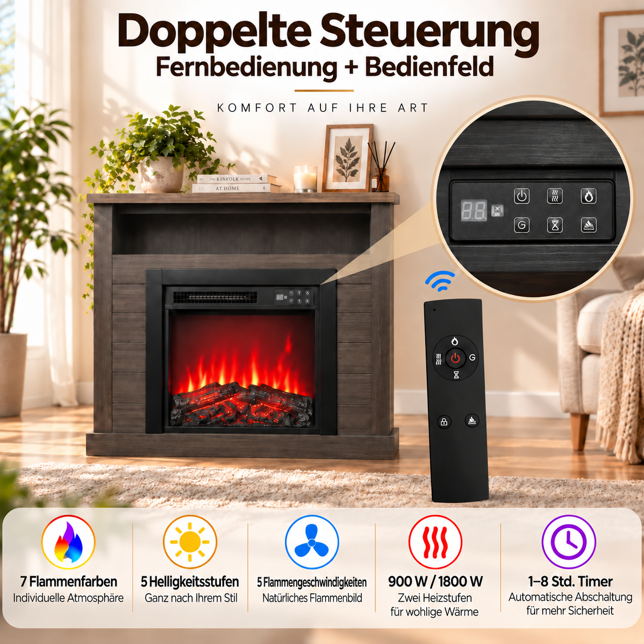 Elektrischer Kamin mit Holzoptik, Fernbedienung, LED-Display und verschiedenen Funktionen wie Timer und Helligkeit.