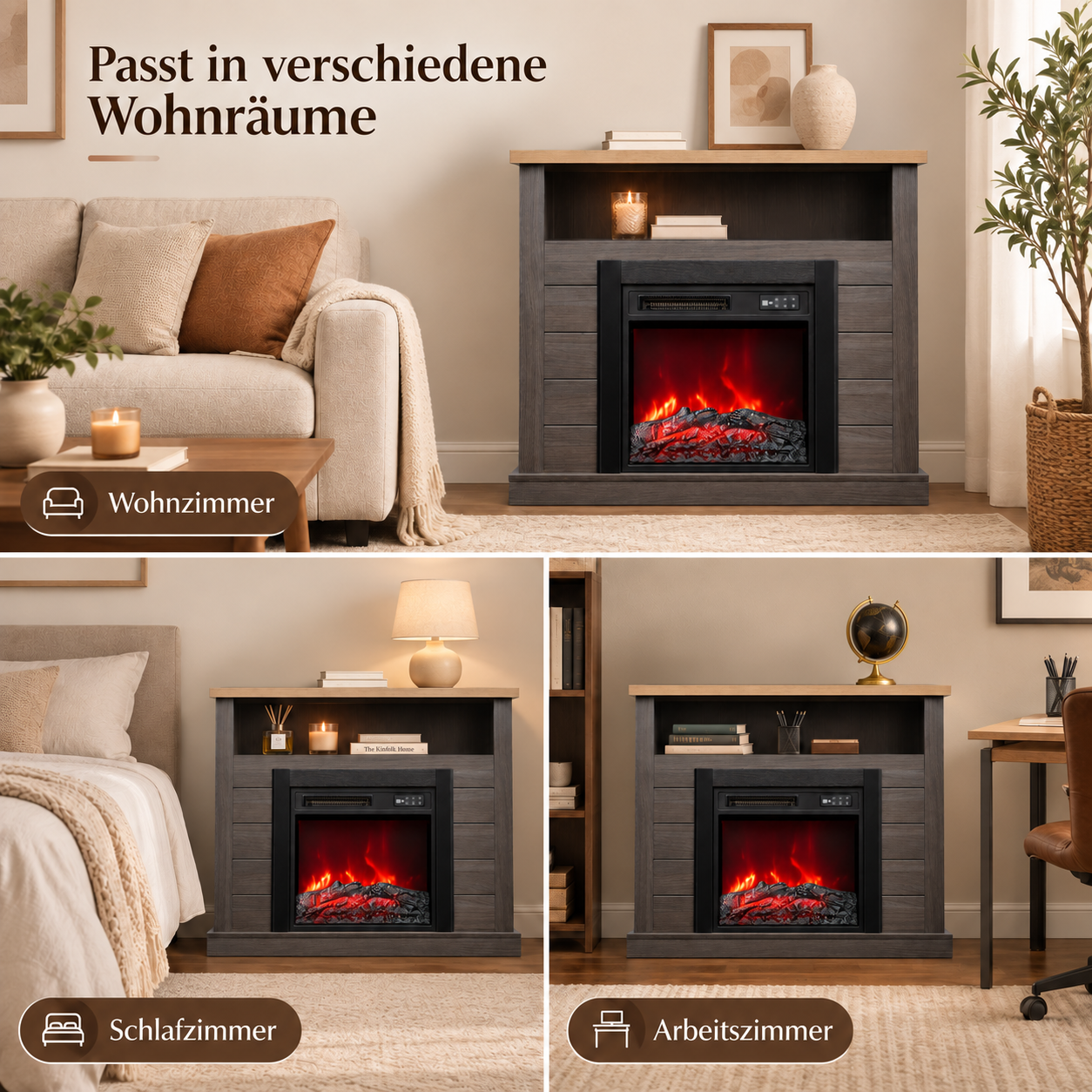 Ein elektrischer Kamin in verschiedenen Wohnräumen wie Wohn-, Schlaf- und Arbeitszimmer.