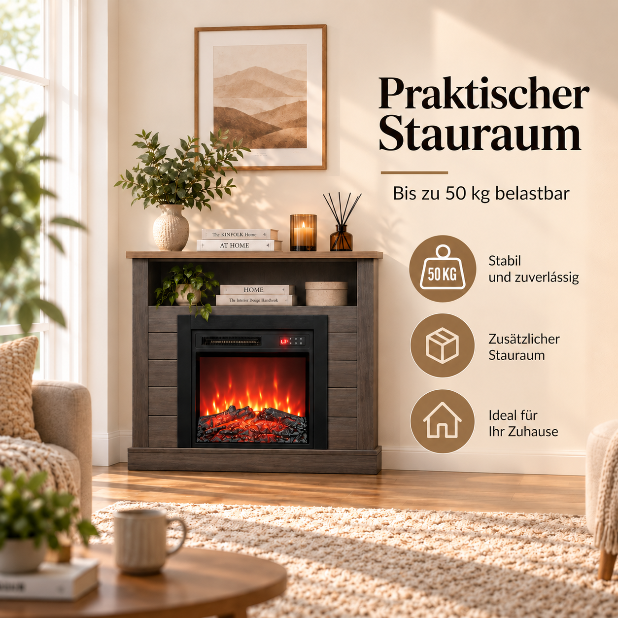 Eine Kamin-Konsole mit elektrischem Feuer, Deko und deutschem Text, der Stauraumfunktionen hervorhebt.