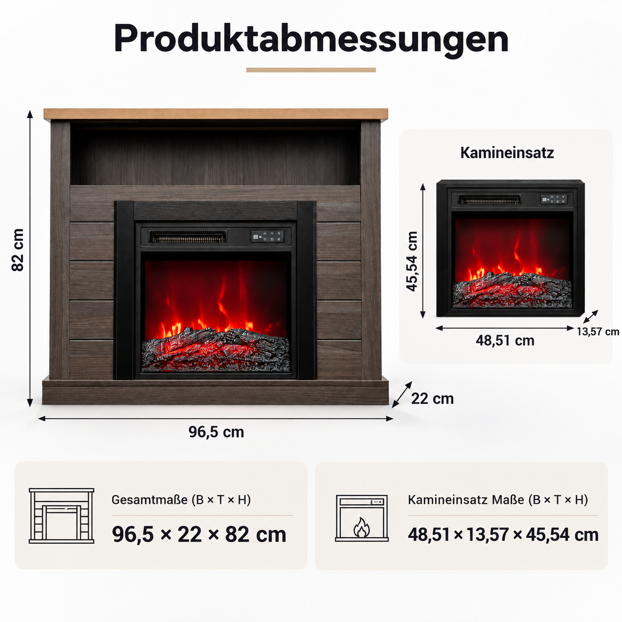 Diagramm mit Produktabmessungen eines elektrischen Kamins, Gesamtmaße 96,5x22x82 cm und Einsatz 48,51x13,57x45,54 cm.