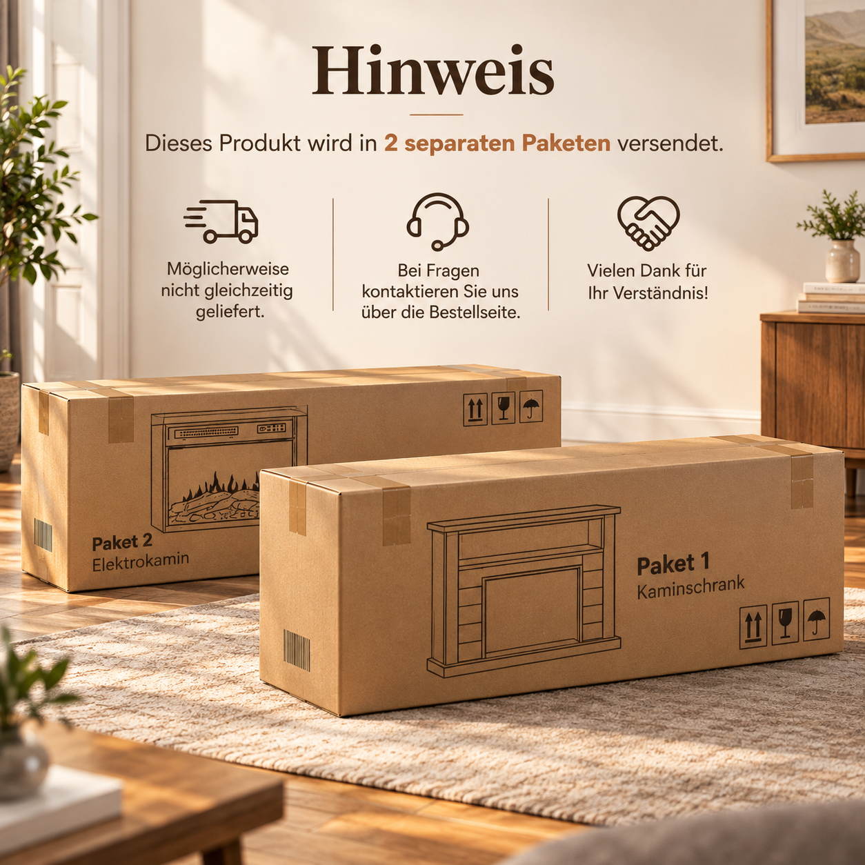 Zwei Pappkartons mit Aufschrift Paket 1 und Paket 2 auf einem Teppich, mit Hinweistext oben.