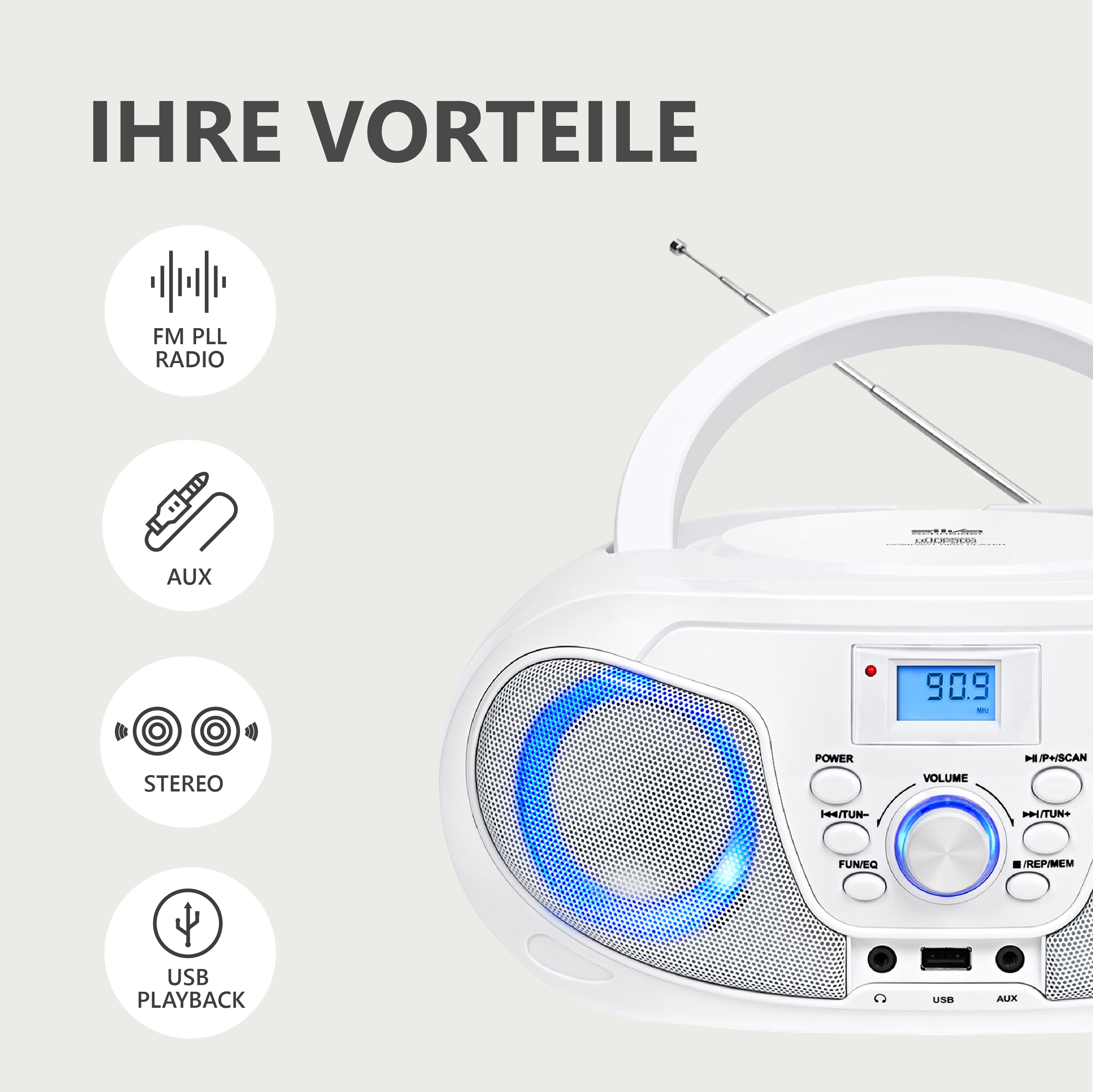 Weißes Radio mit blauer Lautsprecherbeleuchtung und vier Icons für Funktionen auf der linken Seite.