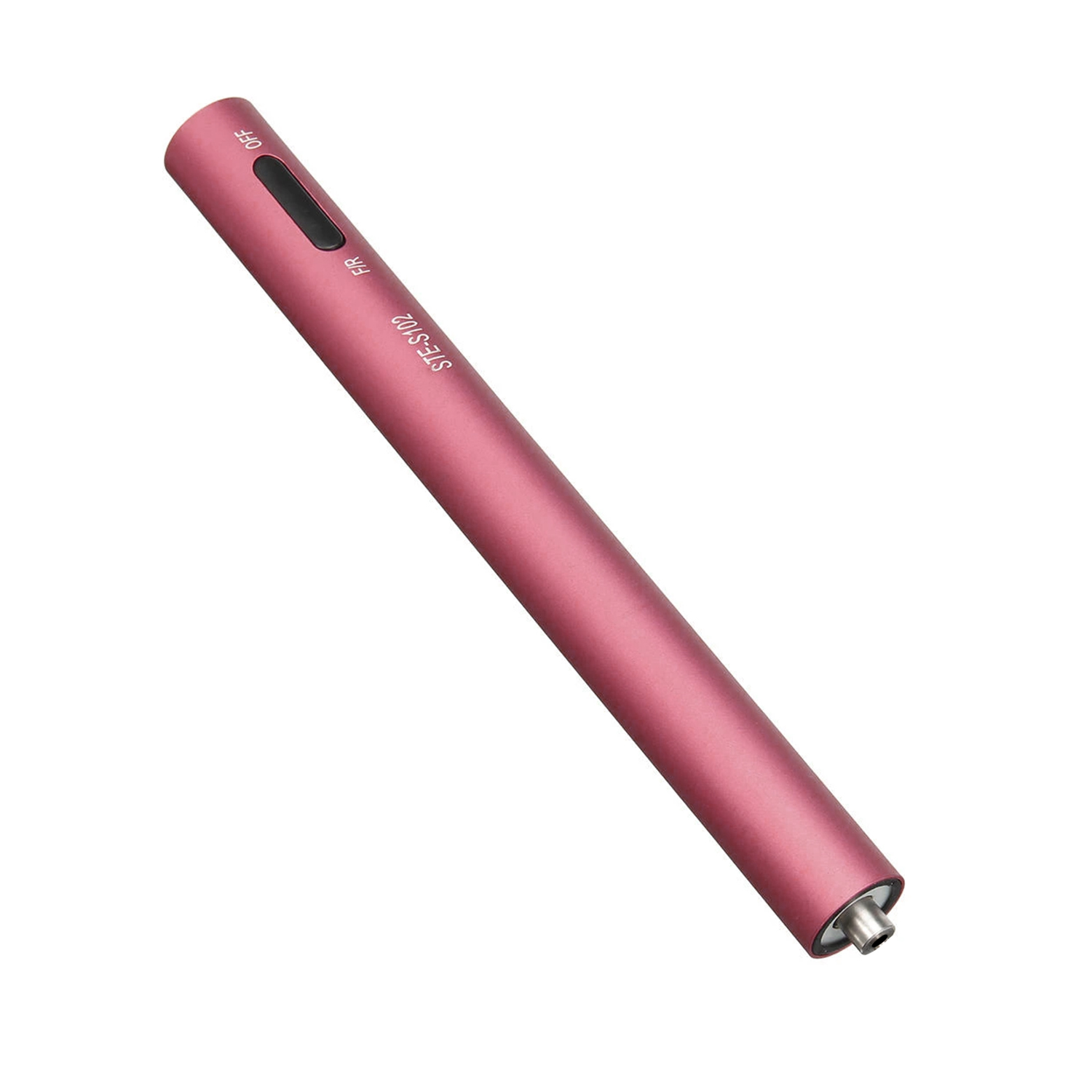 Ein zylindrischer, pinker Stift mit schwarzem Schalter und Metallspitze auf weißem Hintergrund.