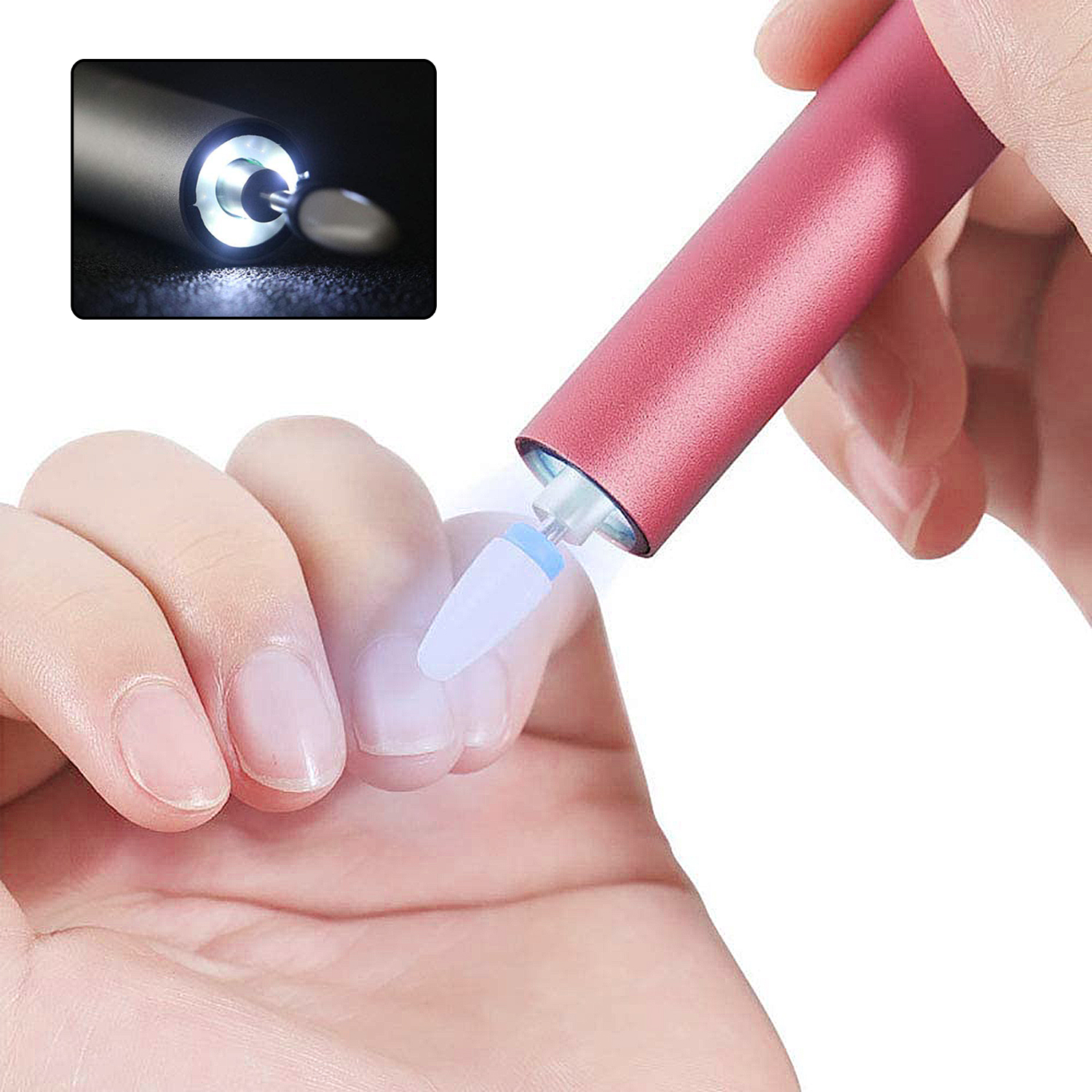 Eine rosa Nagelfeile mit LED-Licht poliert sanft den Fingernagel.