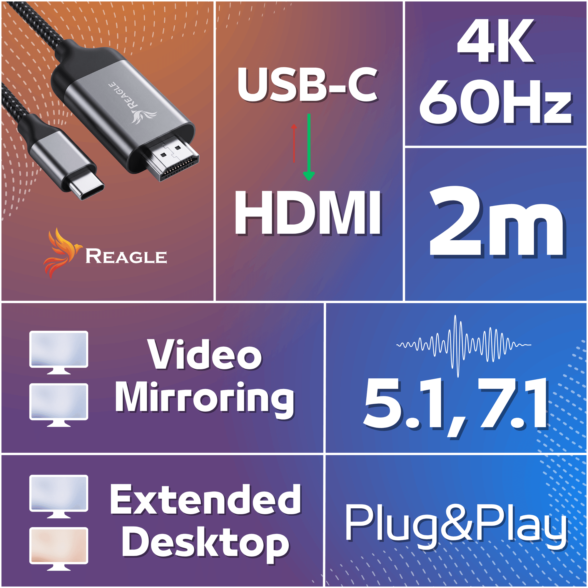 Kabel USB-C na HDMI, 4K przy 60Hz, 2m, obsługujący klonowanie wideo i pulpit rozszerzony.
