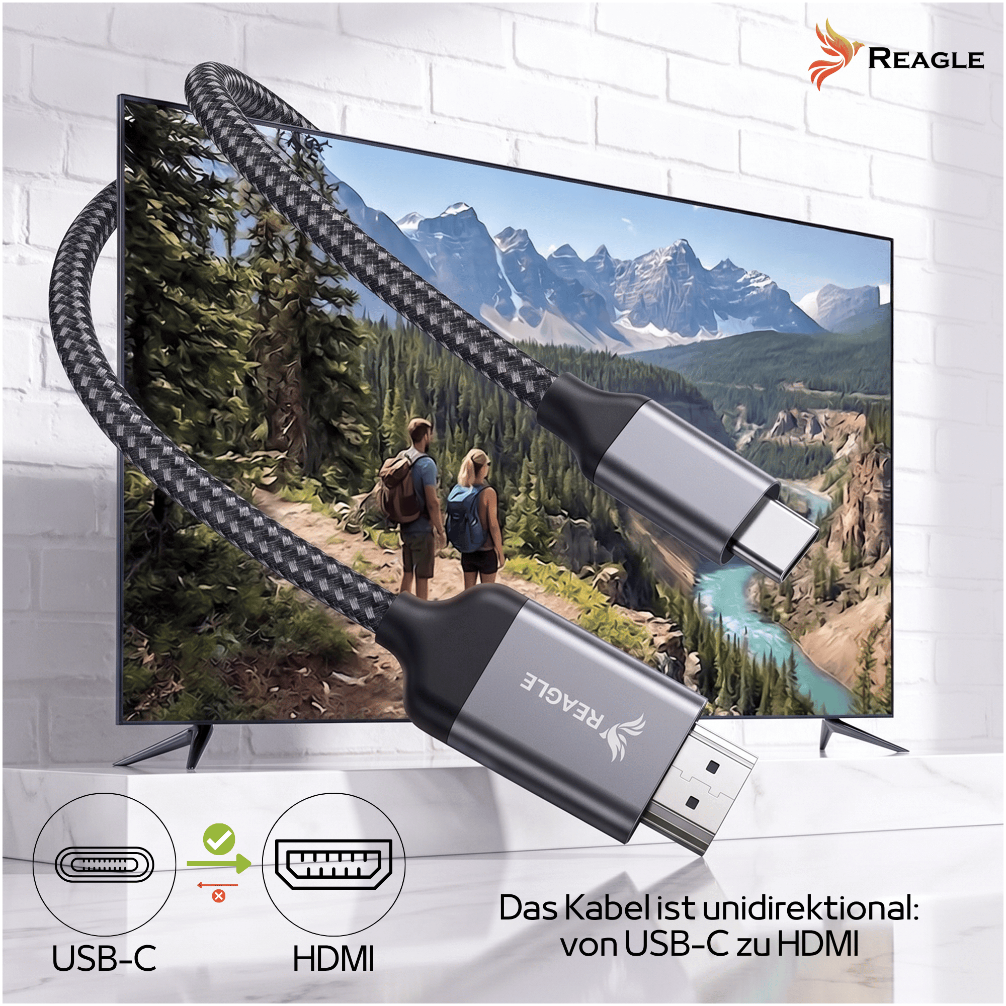 Pleciony kabel USB-C na HDMI przed telewizorem z górzystym krajobrazem.