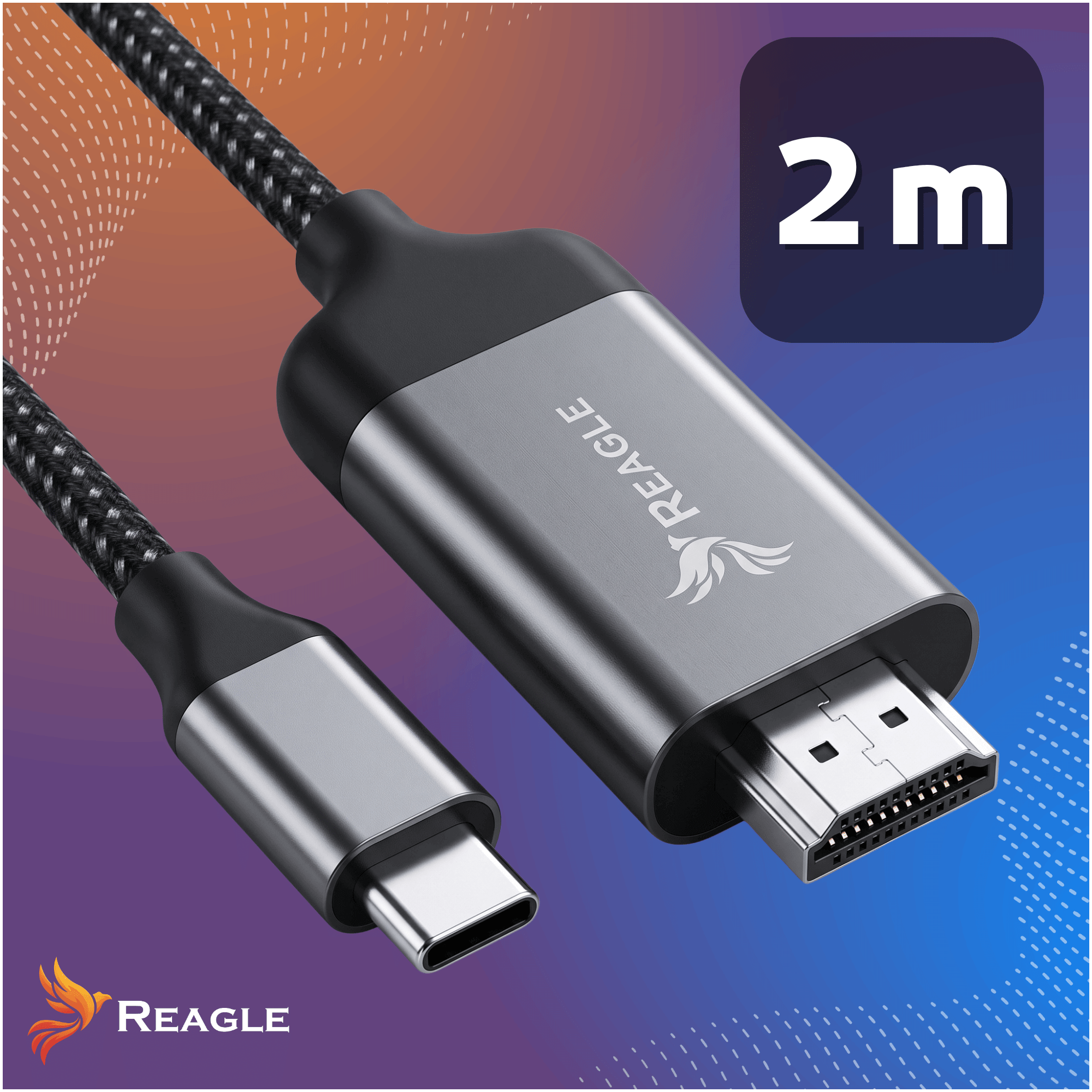 Czarny wpleciony kabel USB-C na HDMI z szarymi metalowymi złączami na niebiesko-pomarańczowym tle.