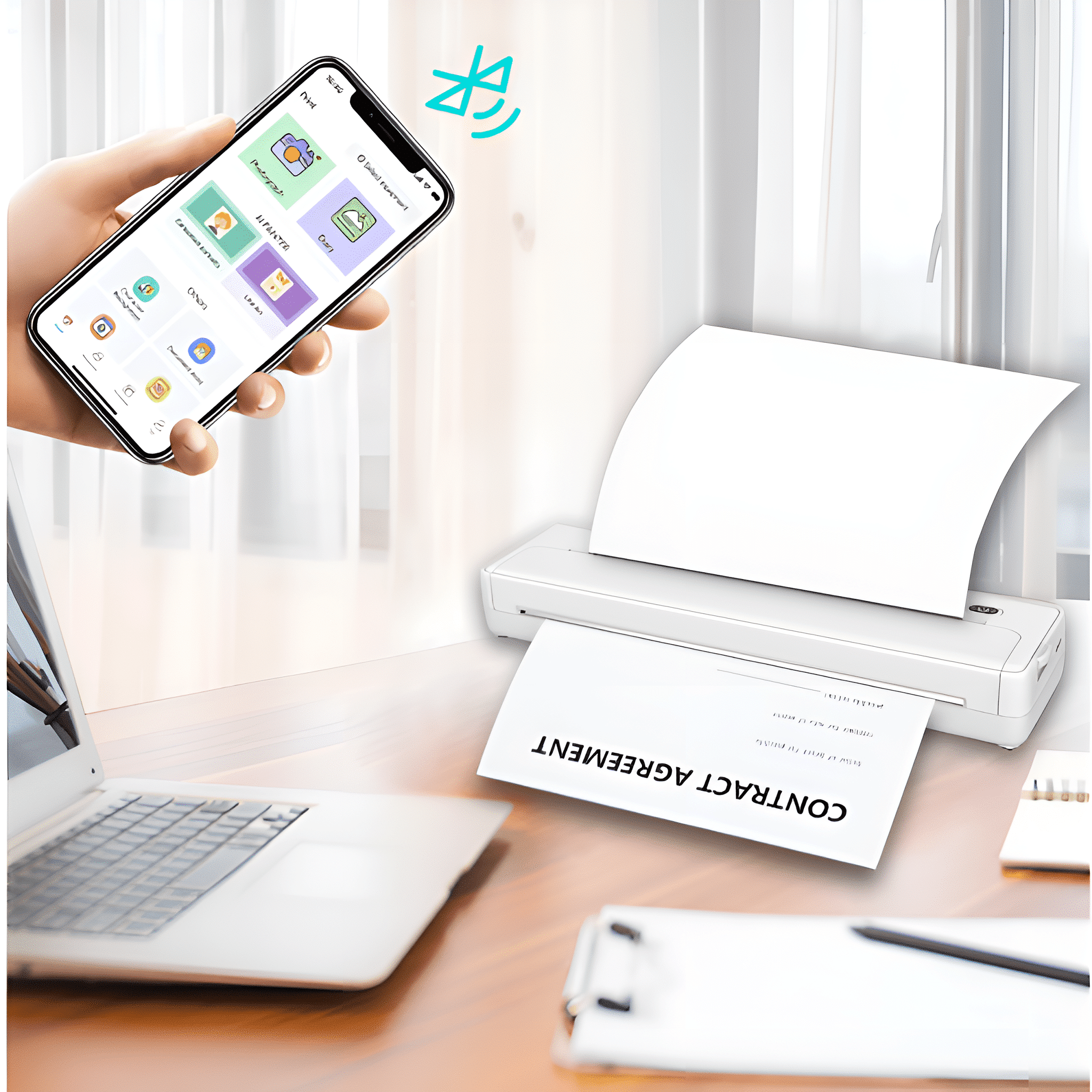 Hand hält Smartphone mit App über Bluetooth-Verbindung zu einem kleinen Drucker auf einem Holztisch mit Laptop.