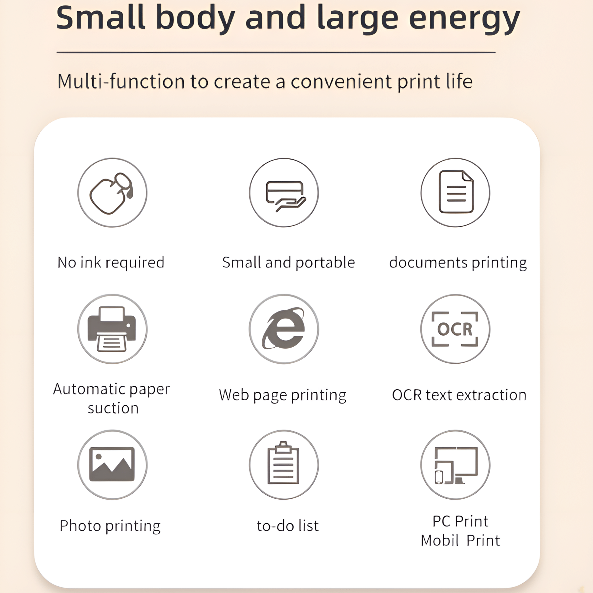 Infografik zeigt Druckerfunktionen mit neun kreisförmigen Symbolen und Texten wie kein Tintenbedarf und Fotodruck.