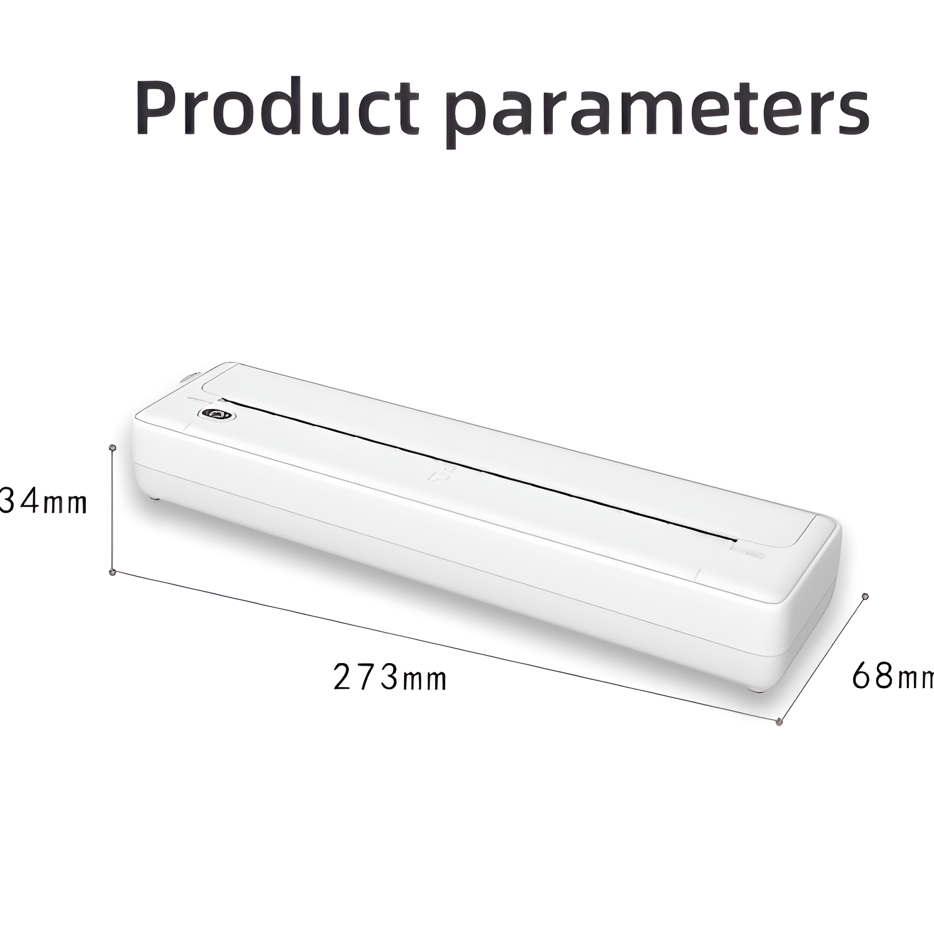 Produktparameter: Weißer kompakter Drucker mit Maßen 273mm x 68mm x 34mm.