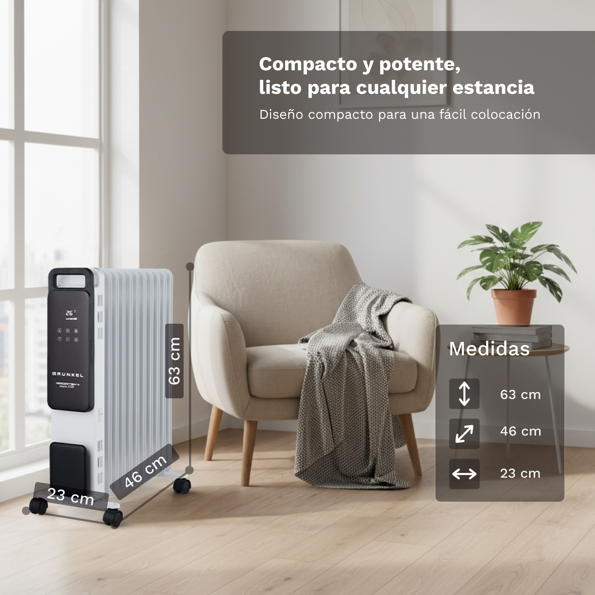 Radiador portátil blanco con detalles negros en una sala acogedora, con dimensiones de 63x46x23 cm.