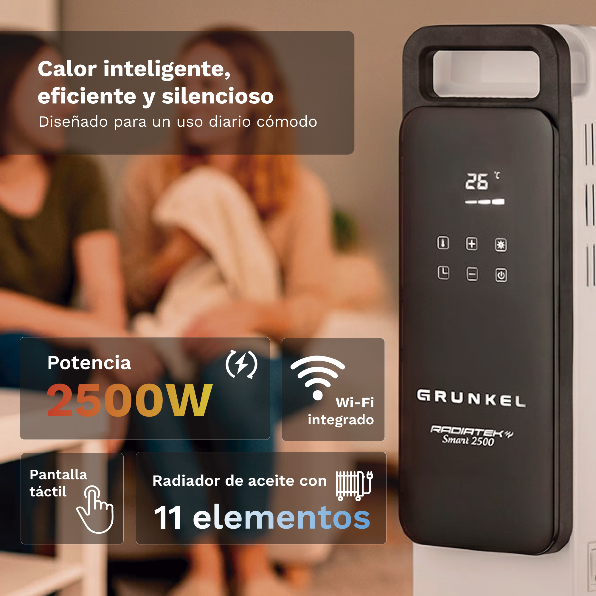 Radiador de aceite Grunkel negro con pantalla digital, controles táctiles y textos destacados de características.