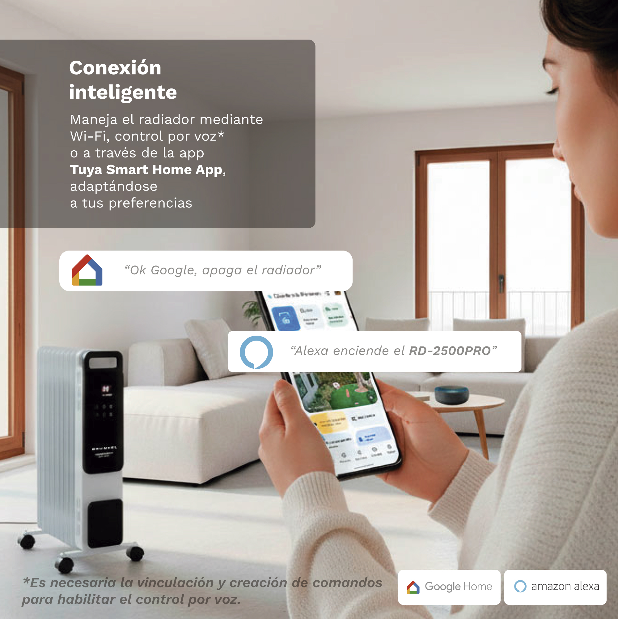 Una mujer controla un radiador mediante una app móvil y comandos de voz en una sala.