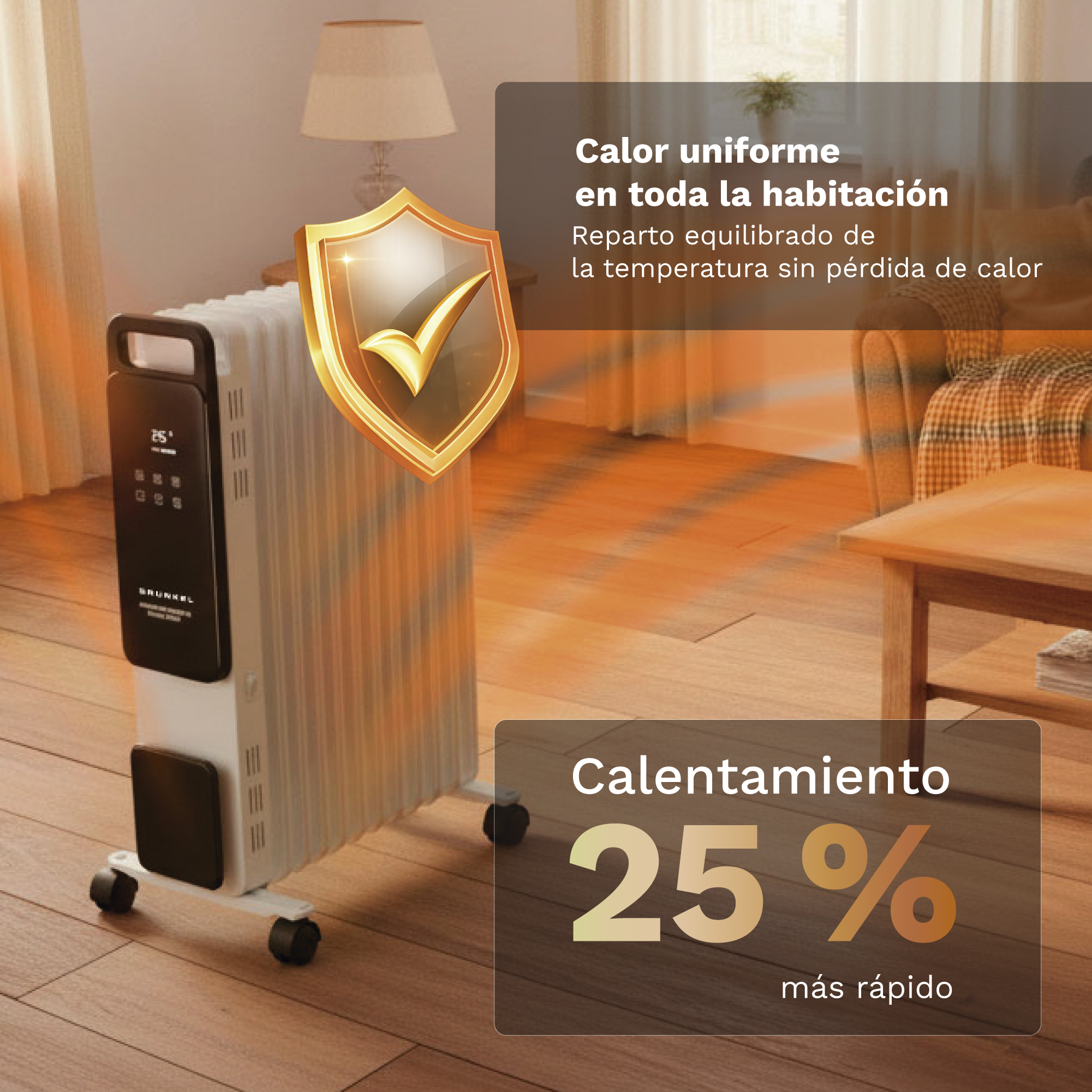 Radiador de aceite blanco con ruedas en una sala, con texto sobre distribución de calor y un escudo.