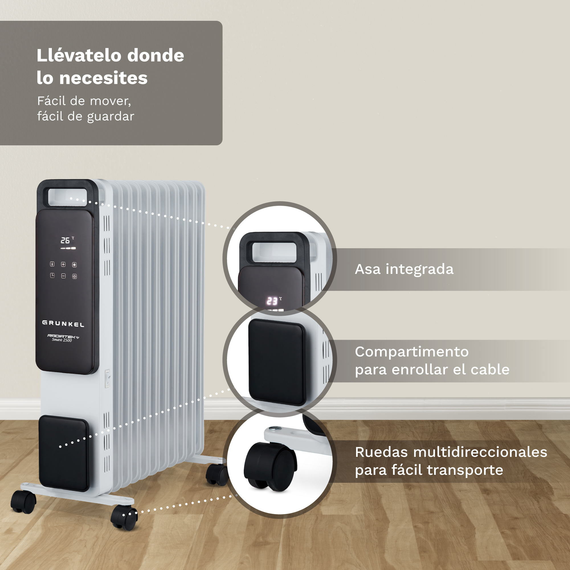 Radiador de aceite blanco con pantalla digital, asa, recogecables y ruedas sobre suelo de madera.