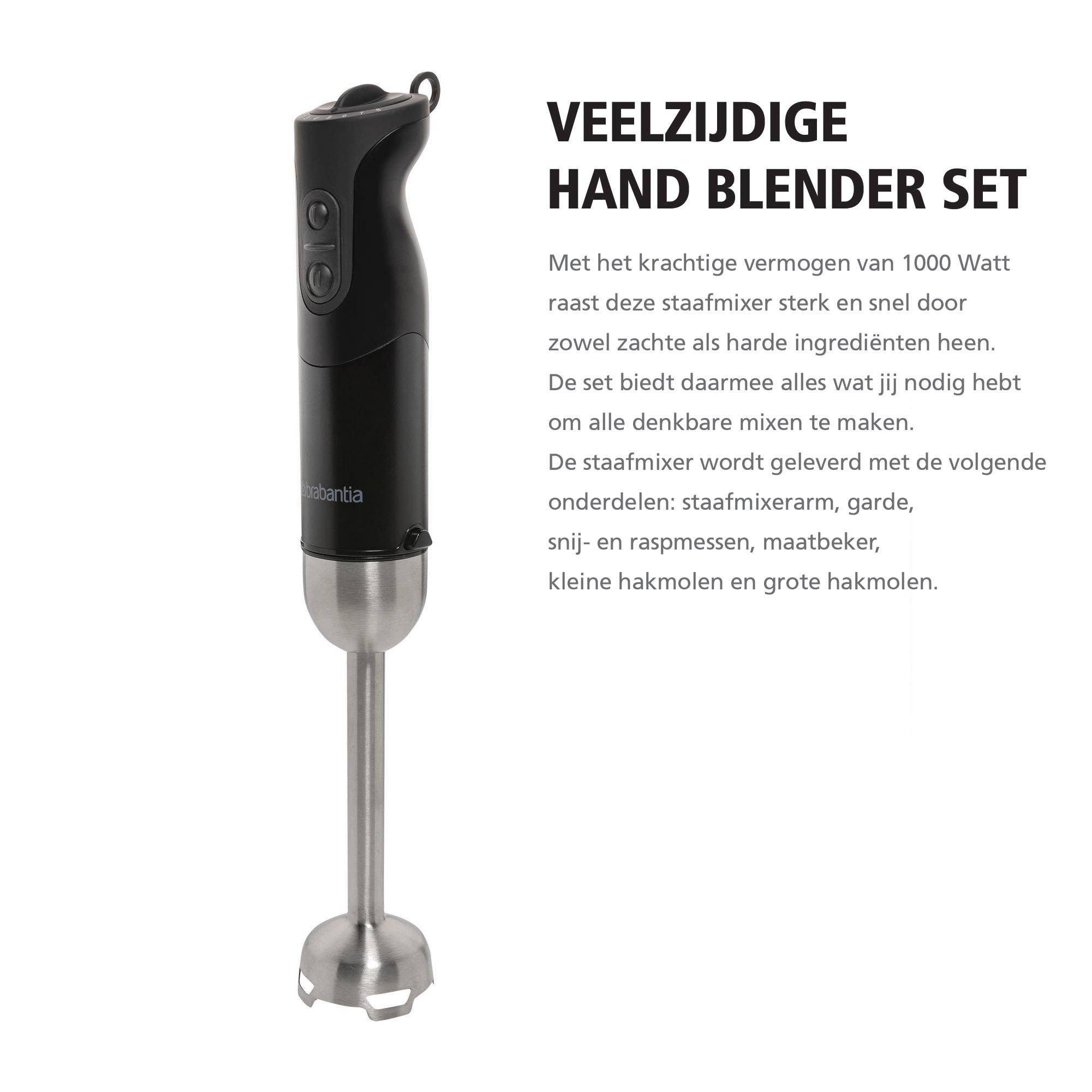 A black hand blender with a stainless steel base stands on the left, with Dutch promotional text to the right.