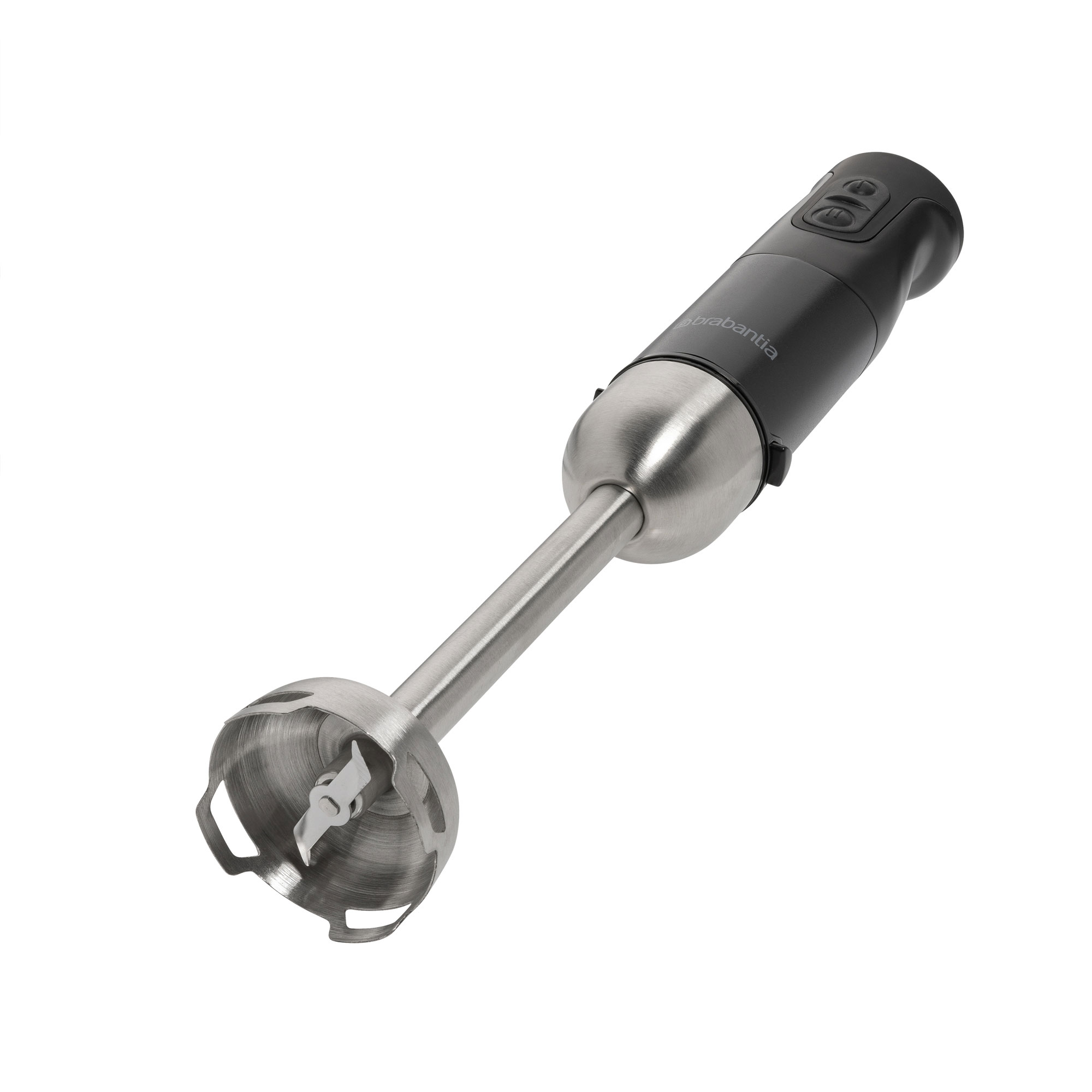 A black and stainless steel handheld immersion blender on a white background.