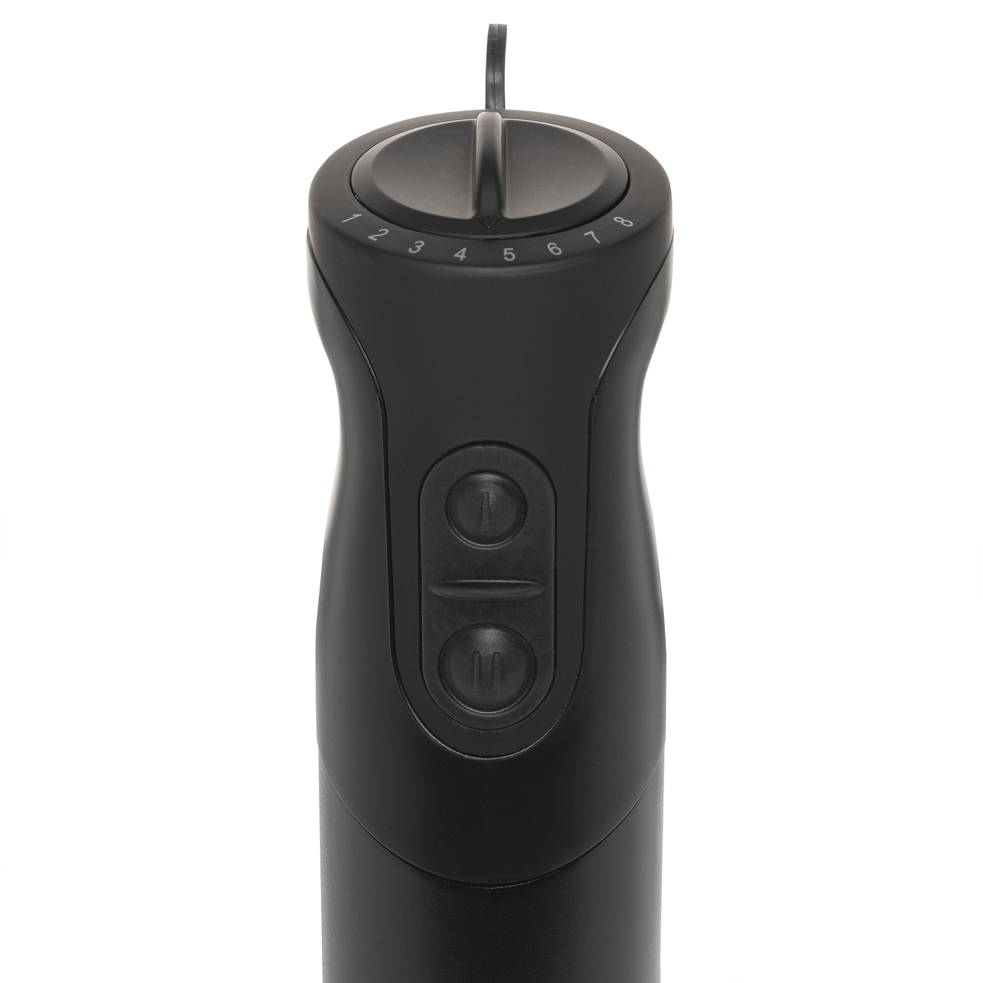 A black immersion blender with a speed dial and two buttons against a white background.