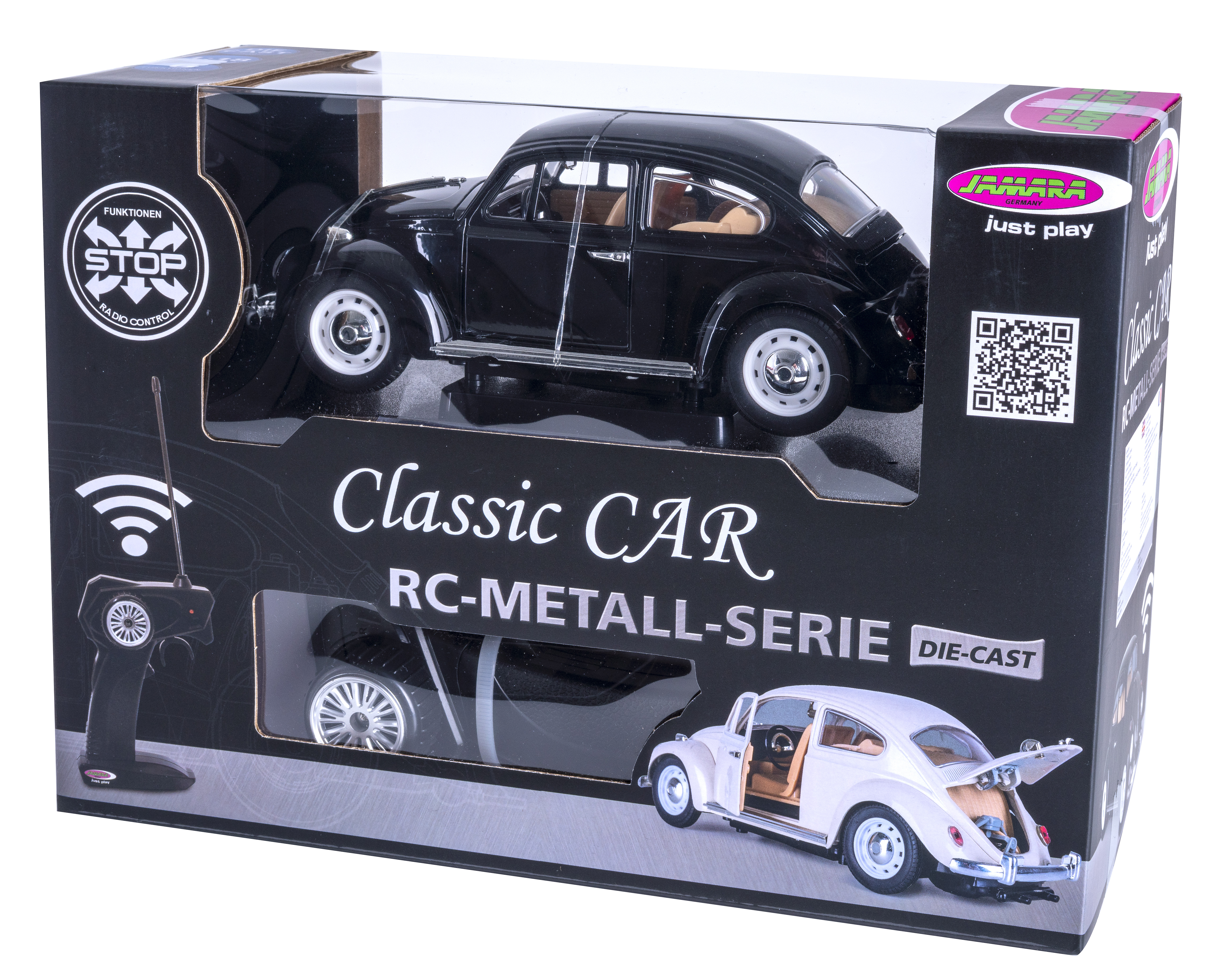 Schwarzes Classic Car RC-Modell in ungeöffneter Verpackung mit Fernsteuerung.