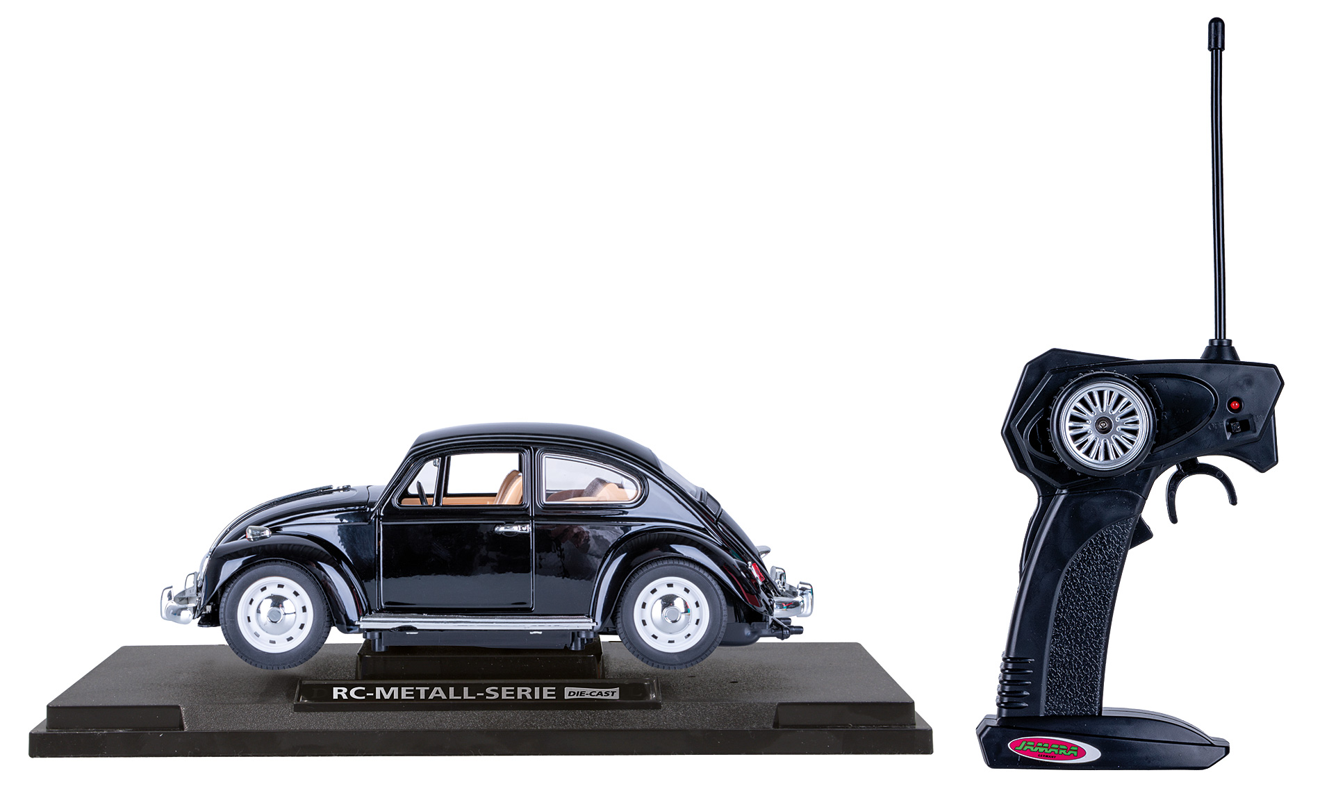 Schwarzes VW Käfer RC-Modellauto auf Ständer mit passender Fernsteuerung.