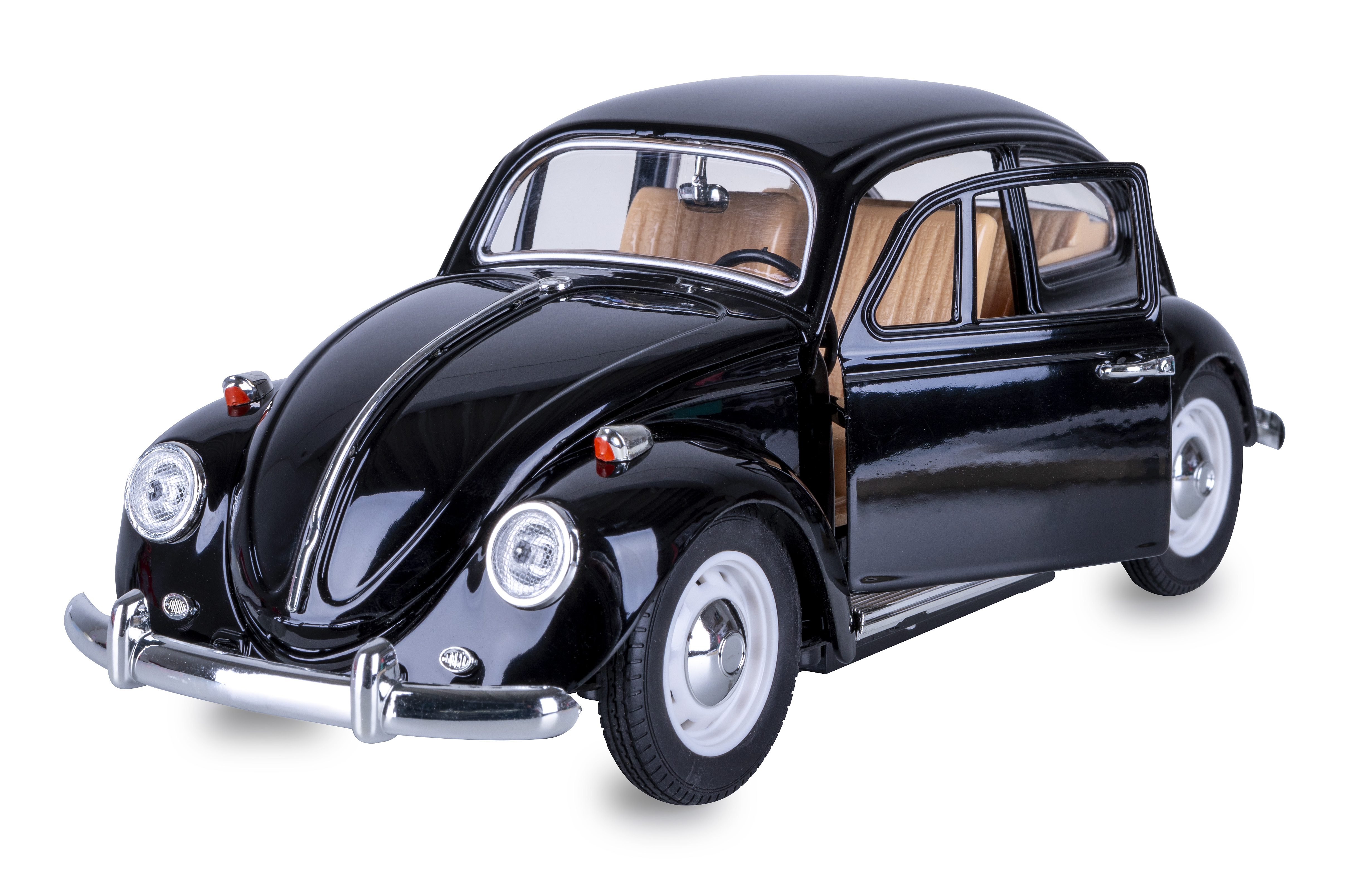 Ein glänzendes schwarzes VW Käfer Modellauto mit offener Tür und heller Innenausstattung auf weißem Grund.