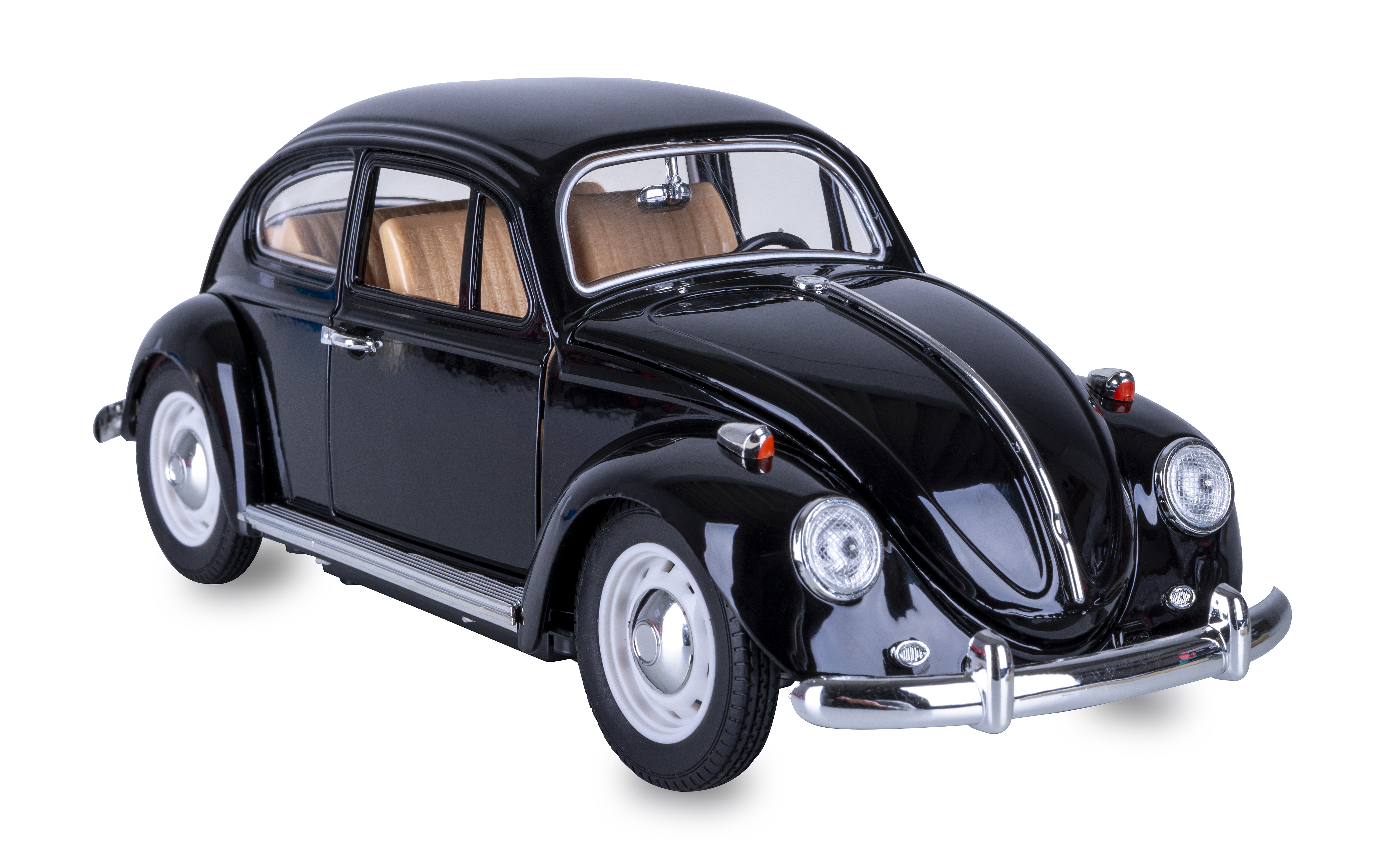Ein glänzendes schwarzes VW Käfer Modellauto mit weißen Felgen und heller Innenausstattung auf weißem Hintergrund.