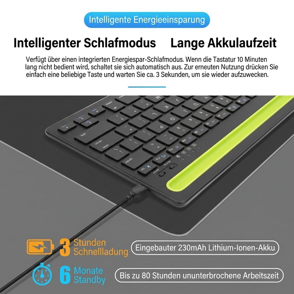 Schwarze Bluetooth-Tastatur mit gelbem Halter, Ladekabel und Energiesparmodus-Text.