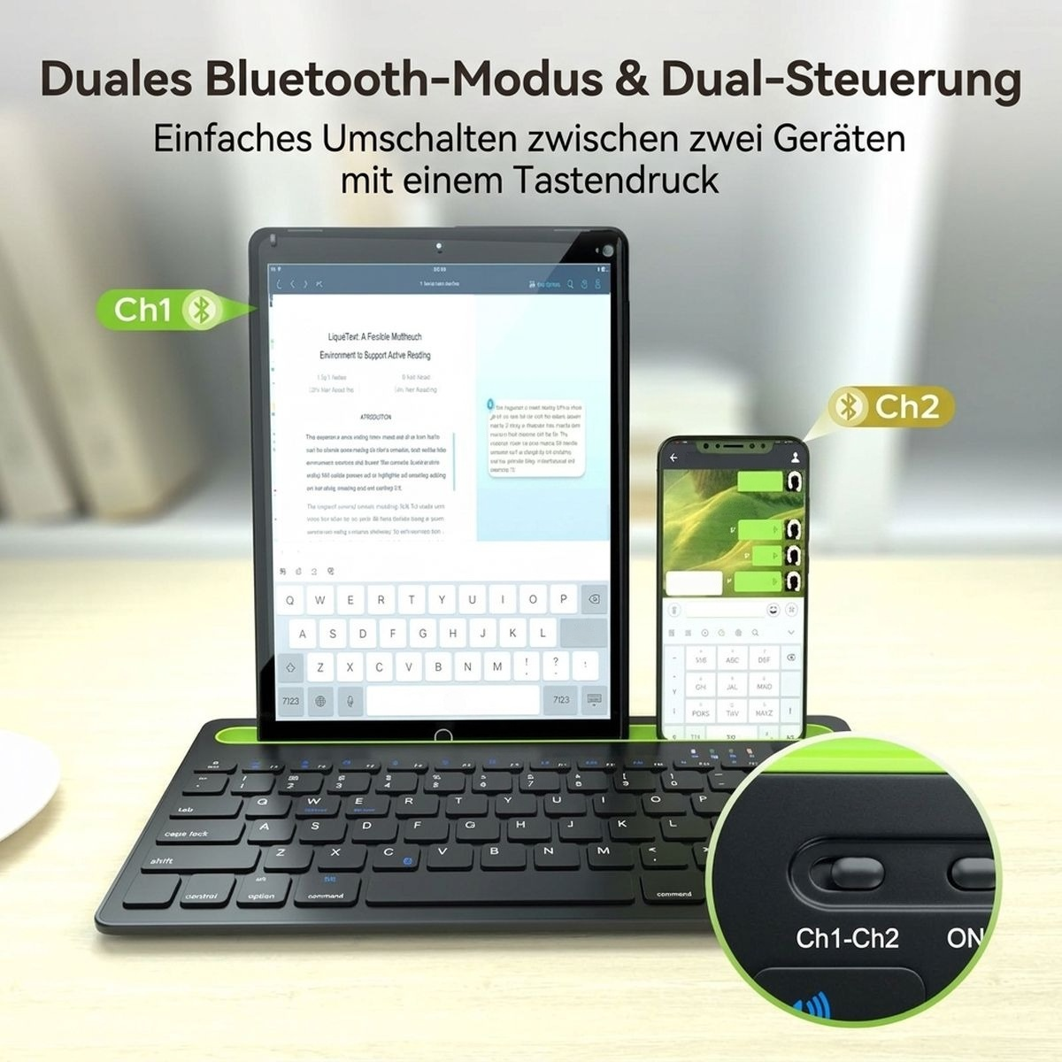 Bluetooth-Tastatur verbindet gleichzeitig ein Tablet und ein Smartphone mit Dual-Steuerung.