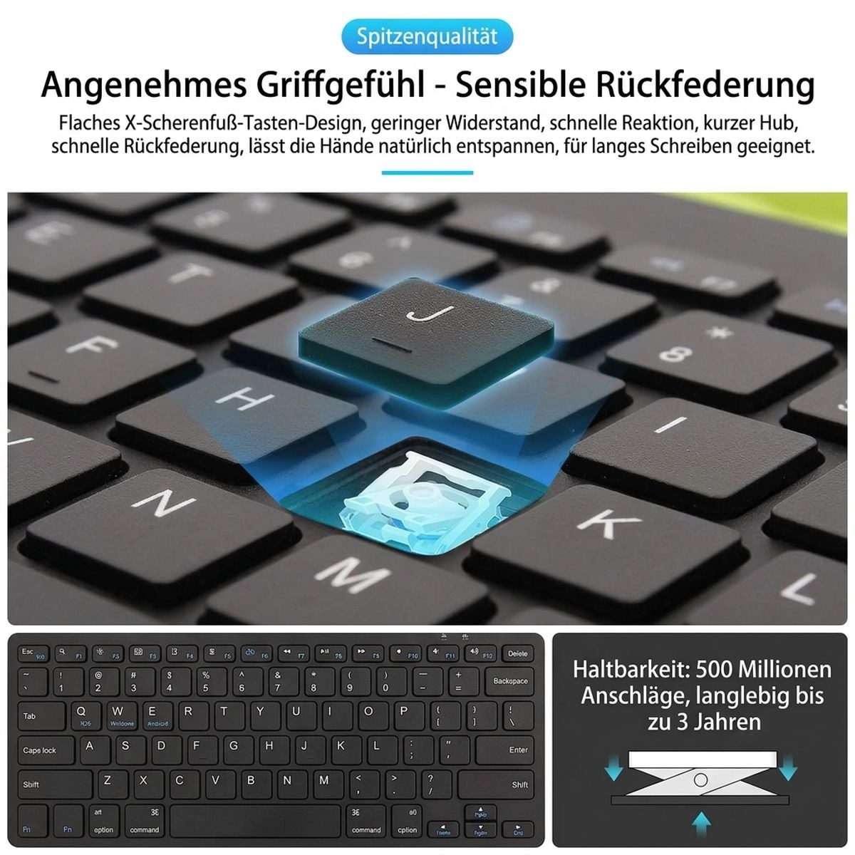 Nahaufnahme einer schwarzen Tastatur mit abgehobener J-Taste zeigt den X-Scherenmechanismus darunter.