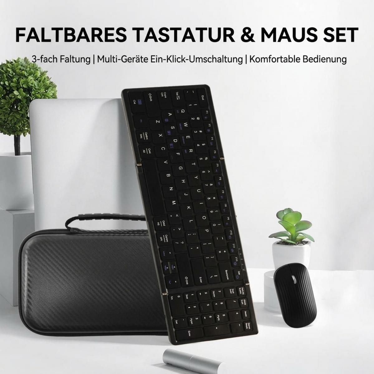 Ein faltbares schwarzes Tastatur- und Mausset mit Tragetasche, Laptop und Pflanzen auf einem Tisch.