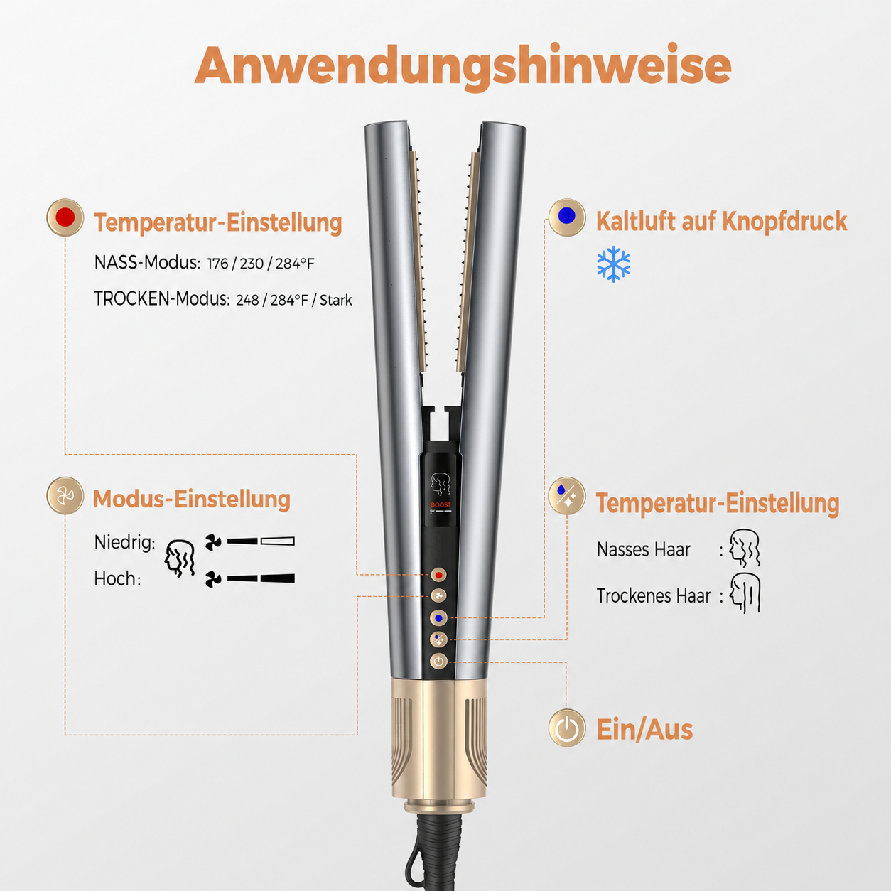 Anleitung für einen Haarglätter mit Einstellungen für Temperatur, Modus, Kaltluft und Ein/Aus.