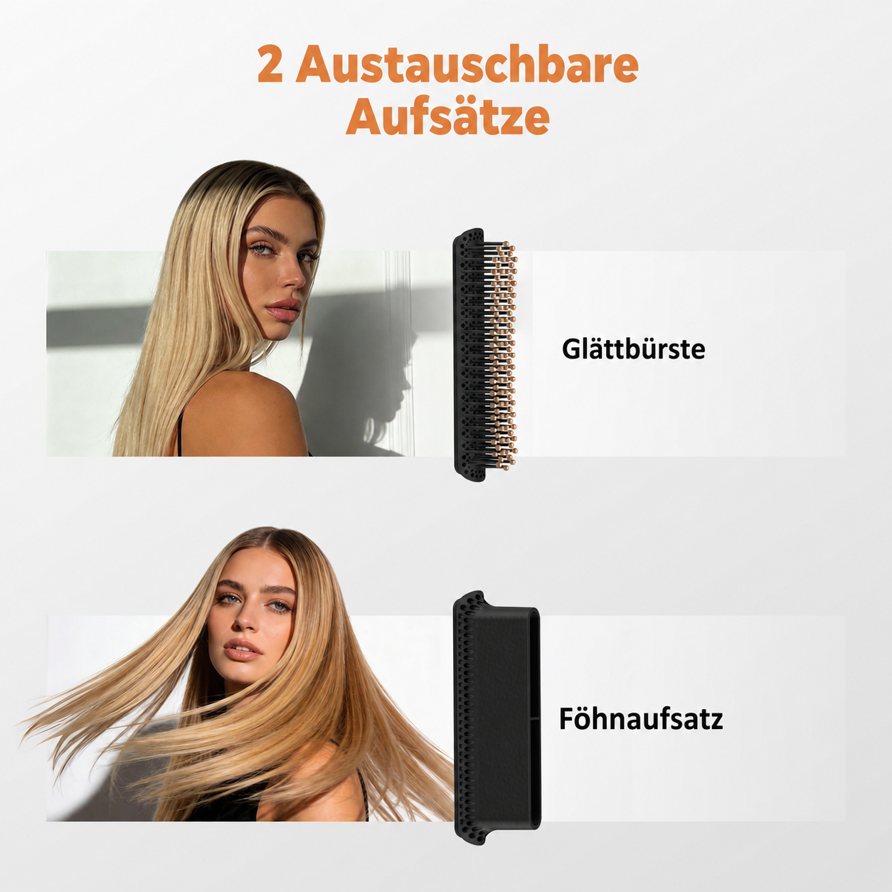 Zwei Frauen mit blondem Haar und zwei Haarstyling-Aufsätze: Glättbürste und Föhnaufsatz.
