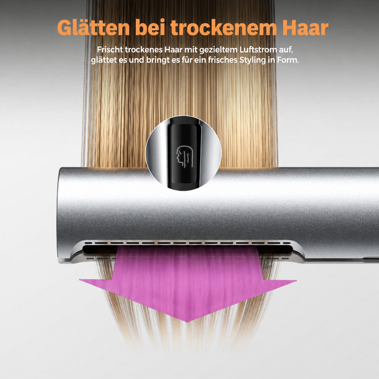 Ein silbernes Haarstyling-Gerät mit einem lila Pfeil über blondem Haar zeigt das Glätten von trockenem Haar.