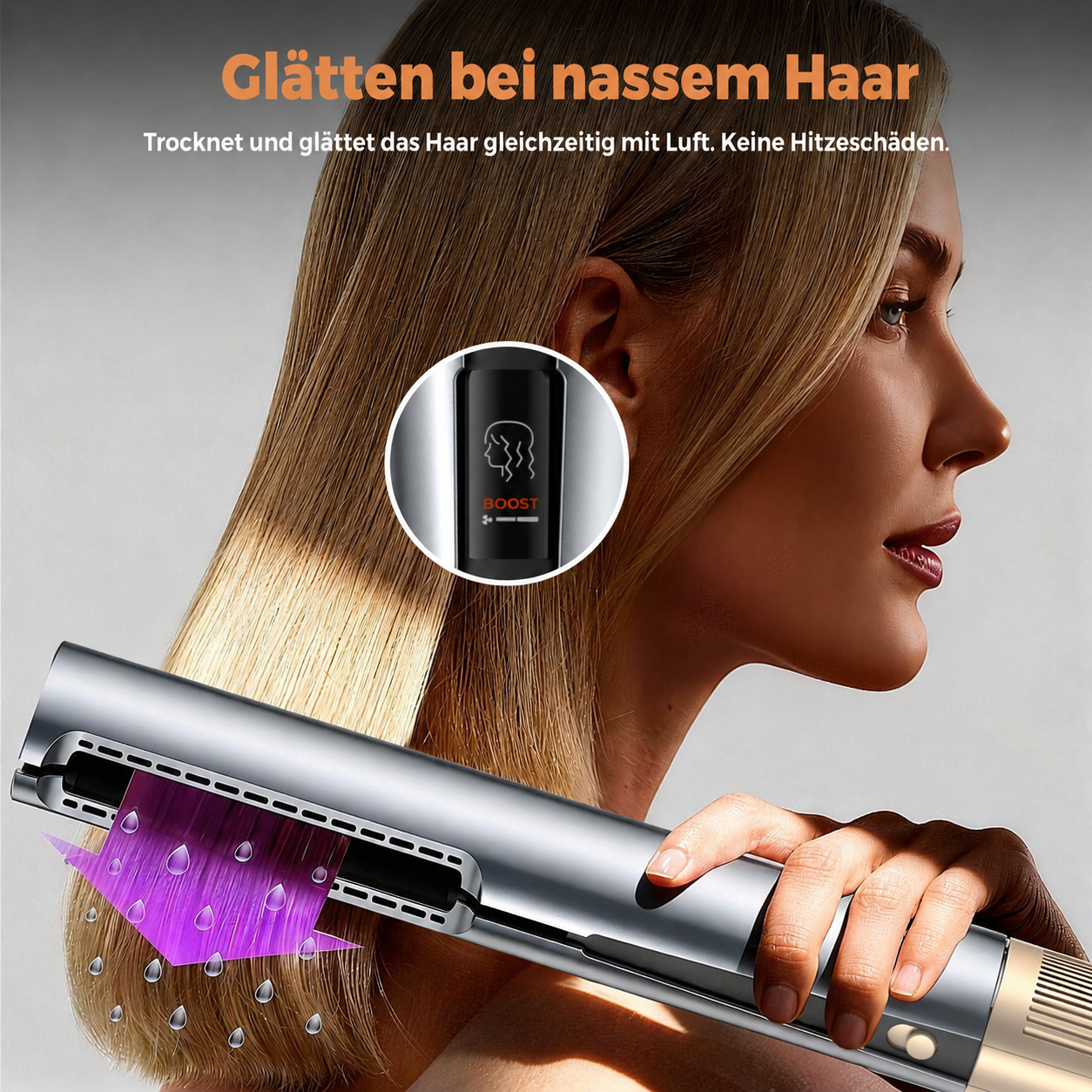 Frau glättet nasse blonde Haare mit einem silbernen Heißluft-Styler, mit Textoverlay oben.