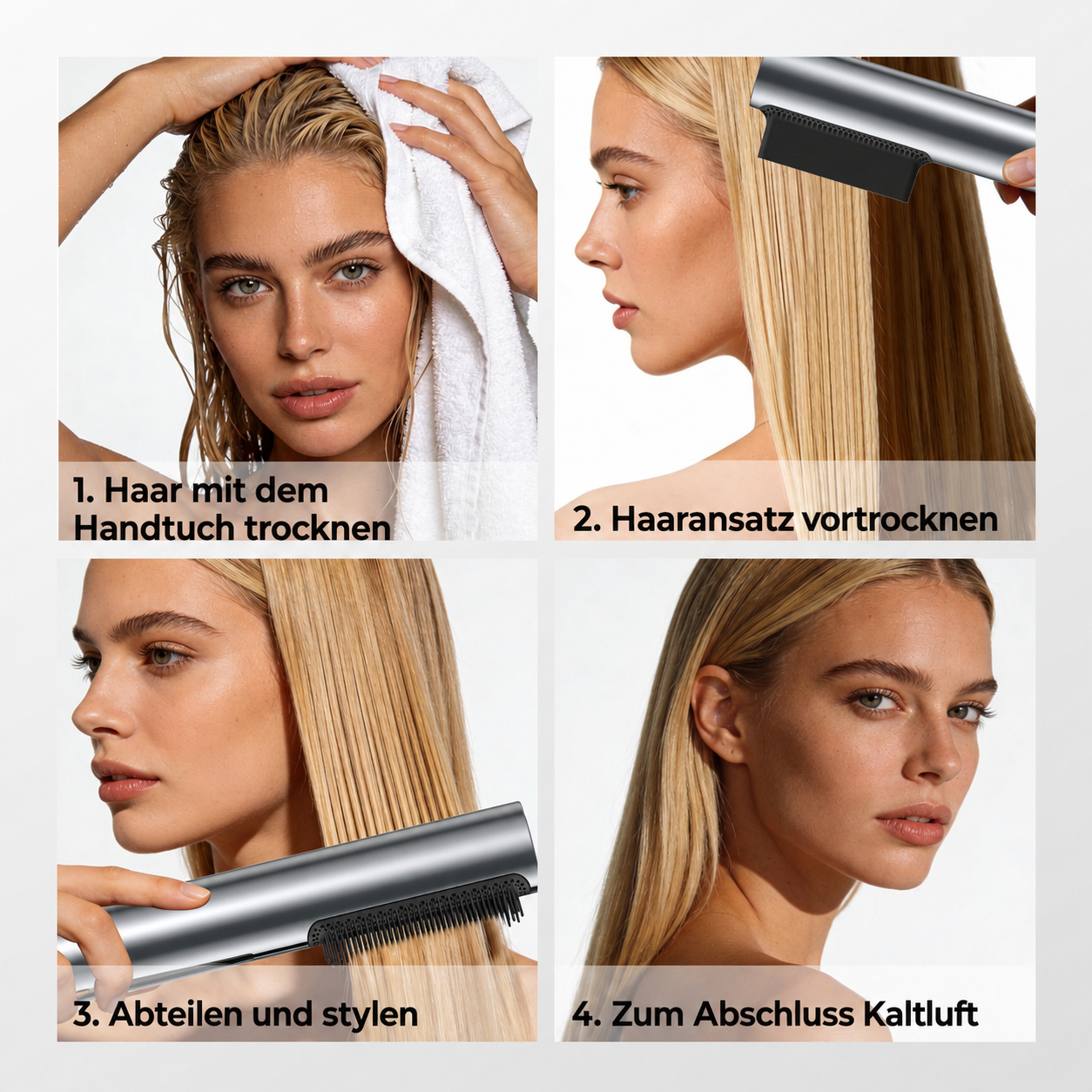 Vierteilige Anleitung zum Haaretrocknen und Stylen mit Handtuch und Styler bei einer blonden Frau.