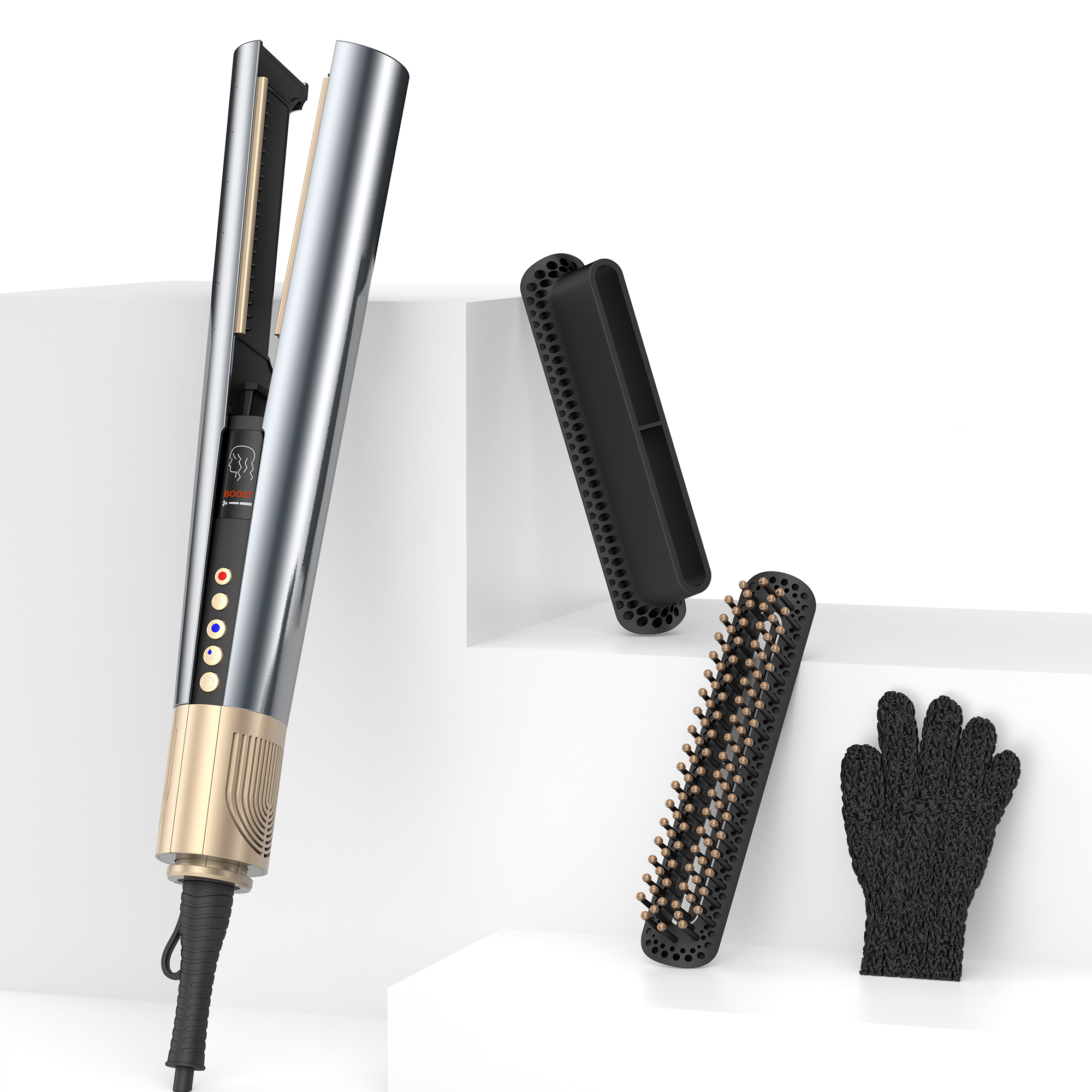 Ein silber-goldener Haarglätter, zwei schwarze Aufsätze und ein schwarzer Hitzeschutzhandschuh auf weißen Blöcken.