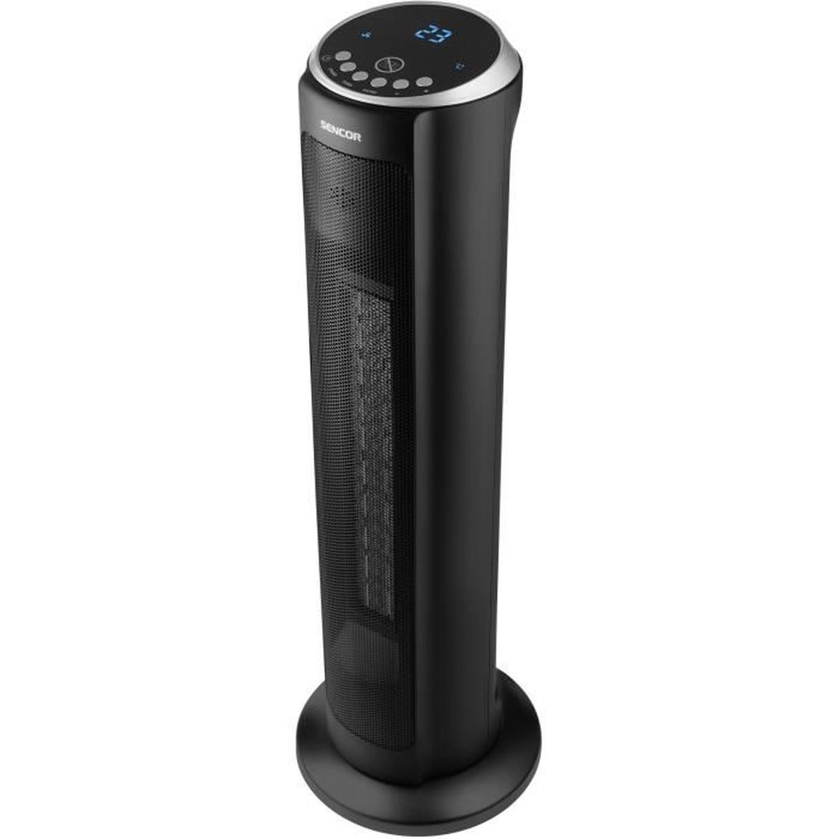Un ventilador de torre negro y elegante con pantalla digital y base redonda sobre fondo blanco.