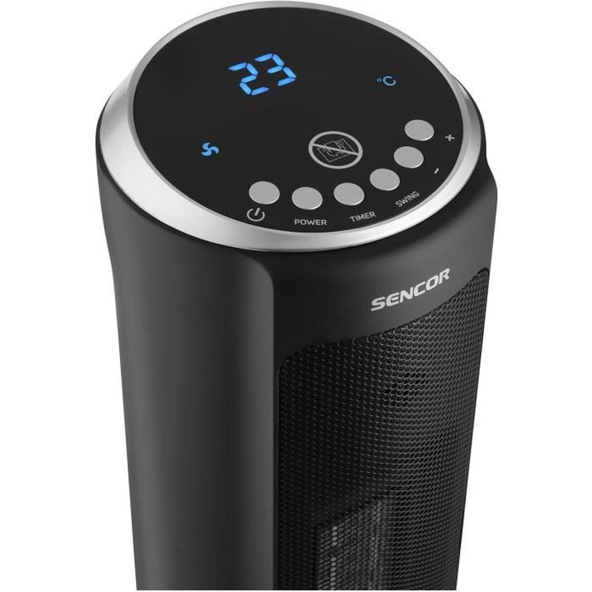 Un ventilador de torre Sencor negro con pantalla digital y panel de control táctil en la parte superior circular.