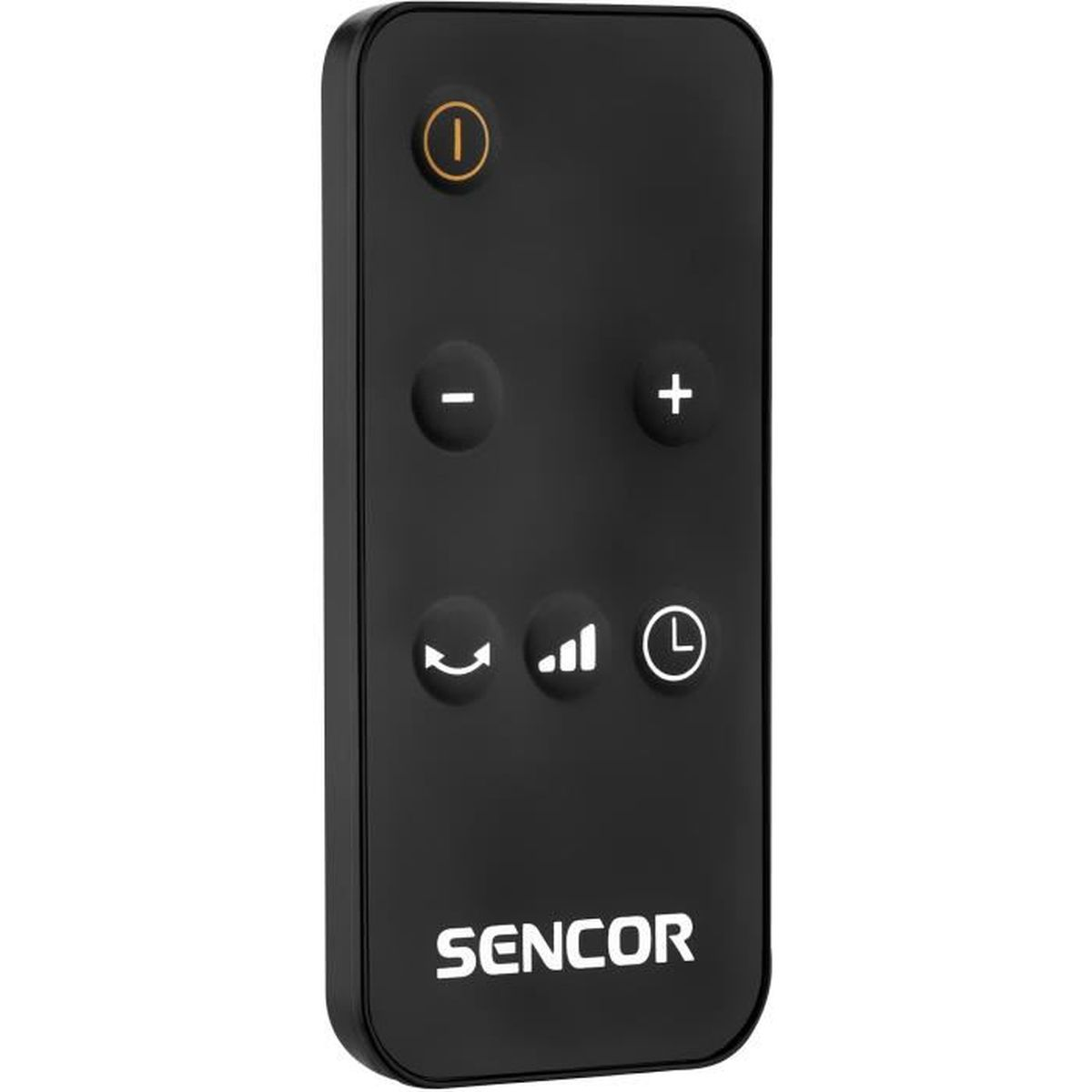 Un control remoto negro Sencor con un botón de encendido, menos y más, y tres iconos de función.