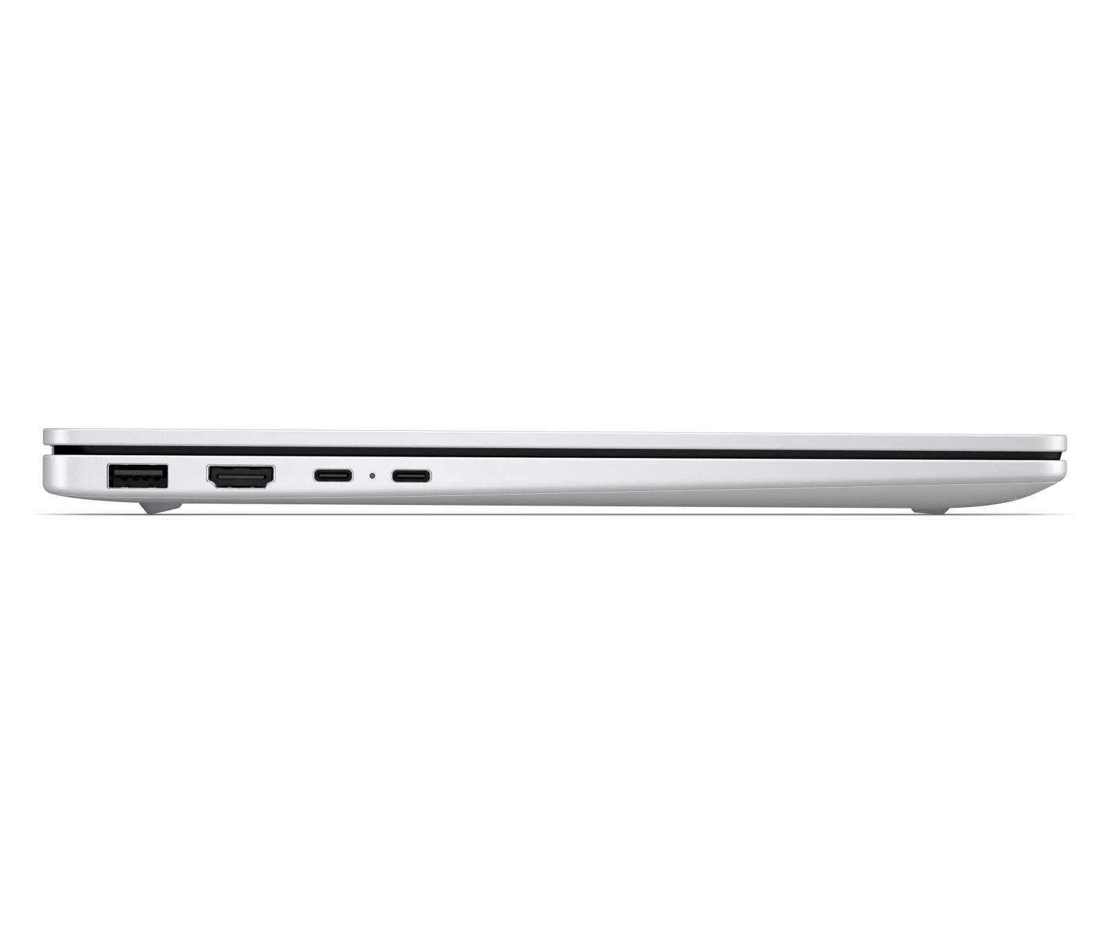 Seitenansicht eines silbernen Laptops mit USB-, HDMI- und USB-C-Anschlüssen auf weißem Hintergrund.